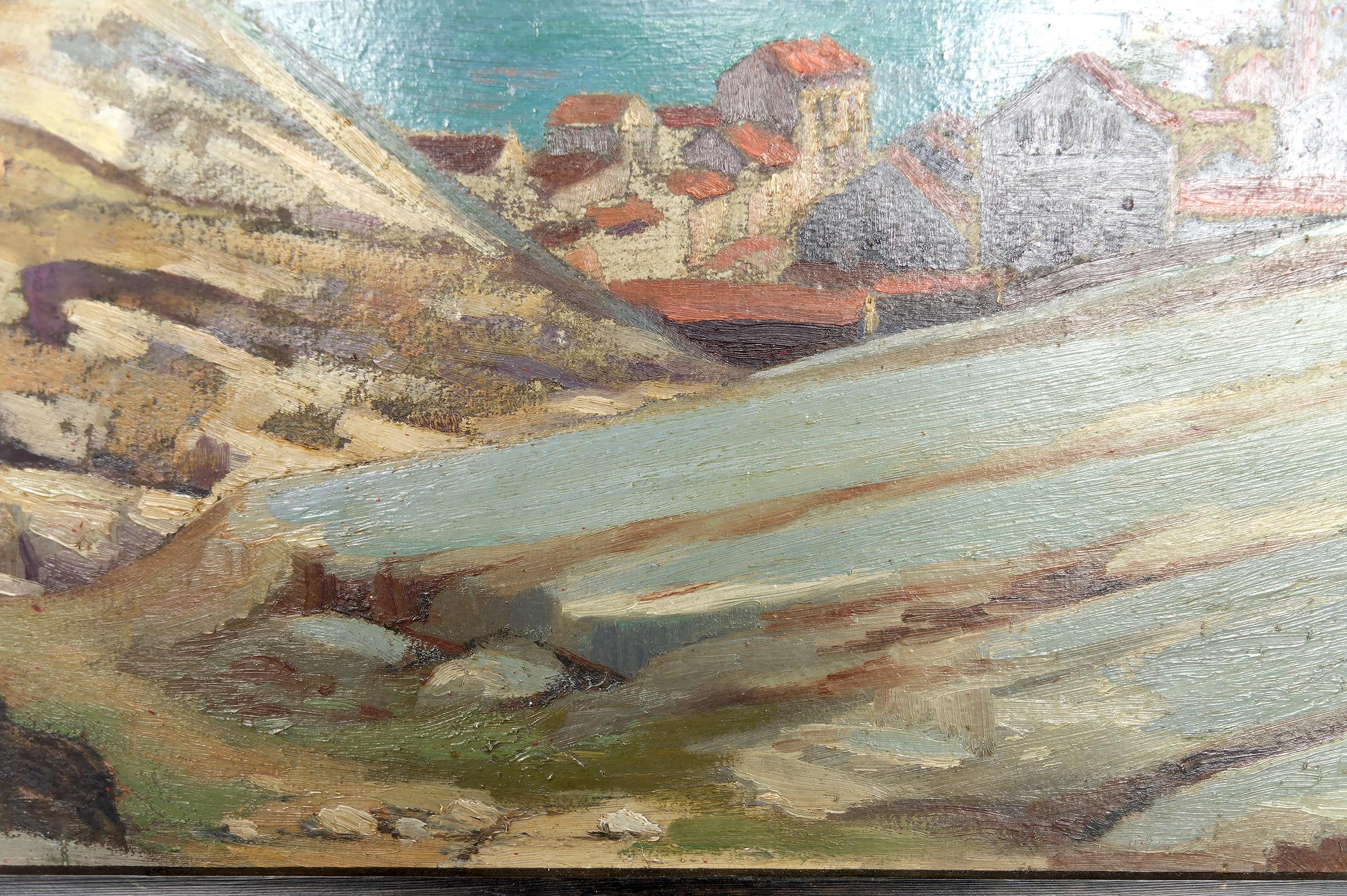 Gemälde, Öl auf Tafel, „Mediterranean Coastal Town“, Frankreich, um 1930 im Angebot 1