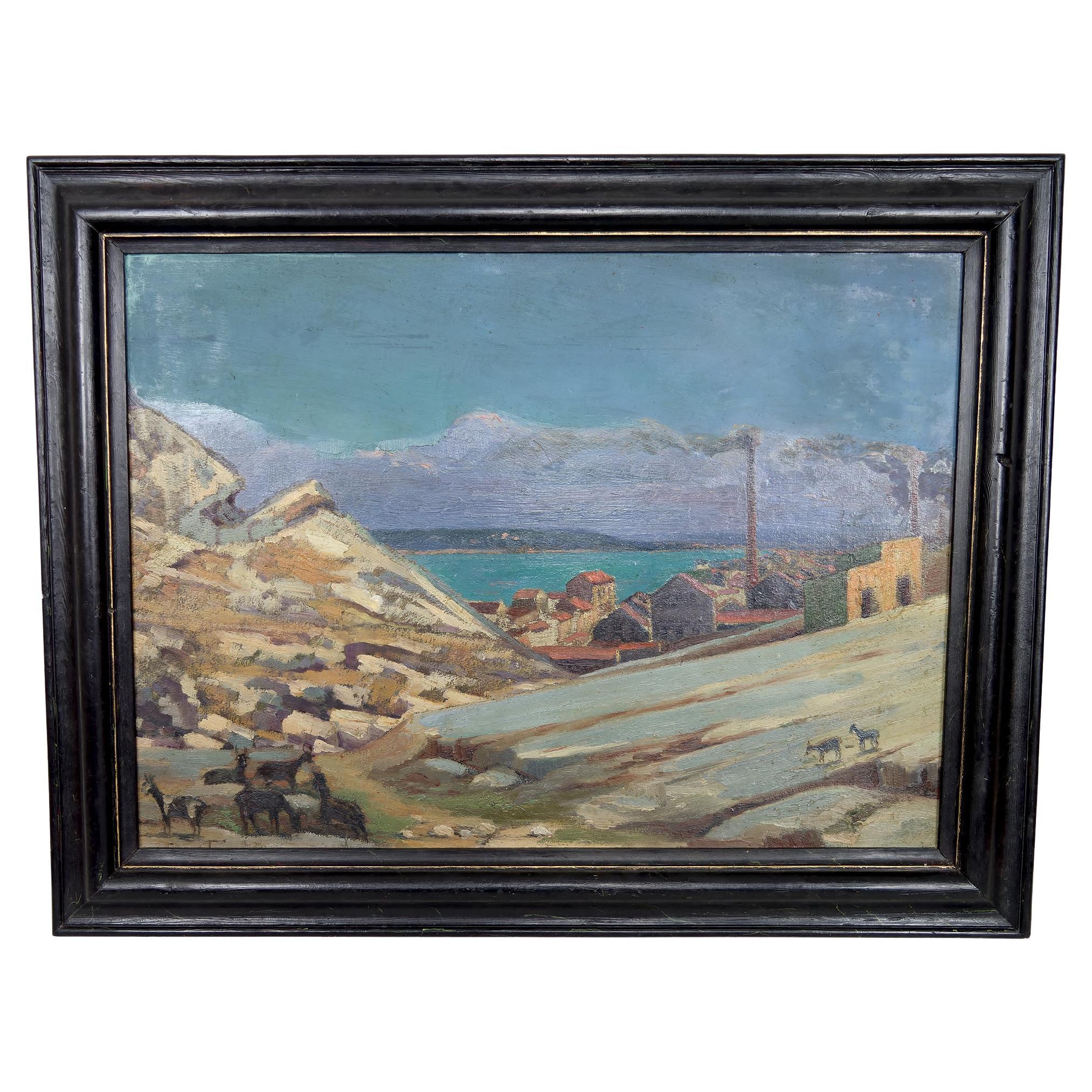 Pittura, olio su pannello, "Città costiera mediterranea", Francia, circa 1930