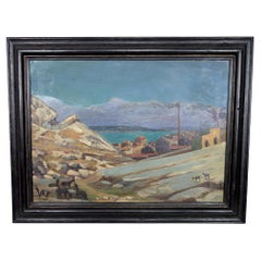 Pittura, olio su pannello, "Città costiera mediterranea", Francia, circa 1930