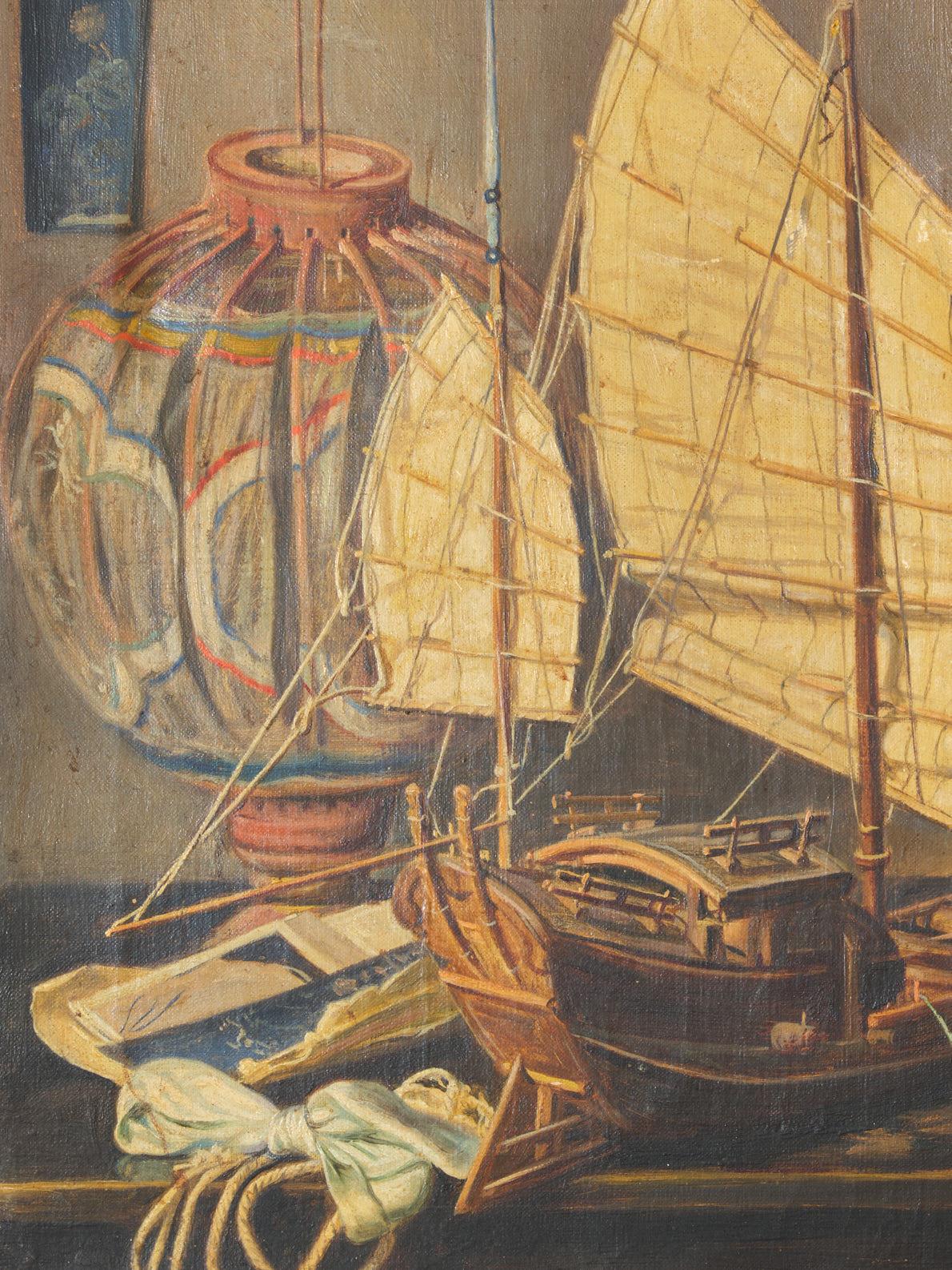 Painting, Oil, Signed, Painting of a Junk & a Lantern, C 1920, Florence, Italy For Sale 2