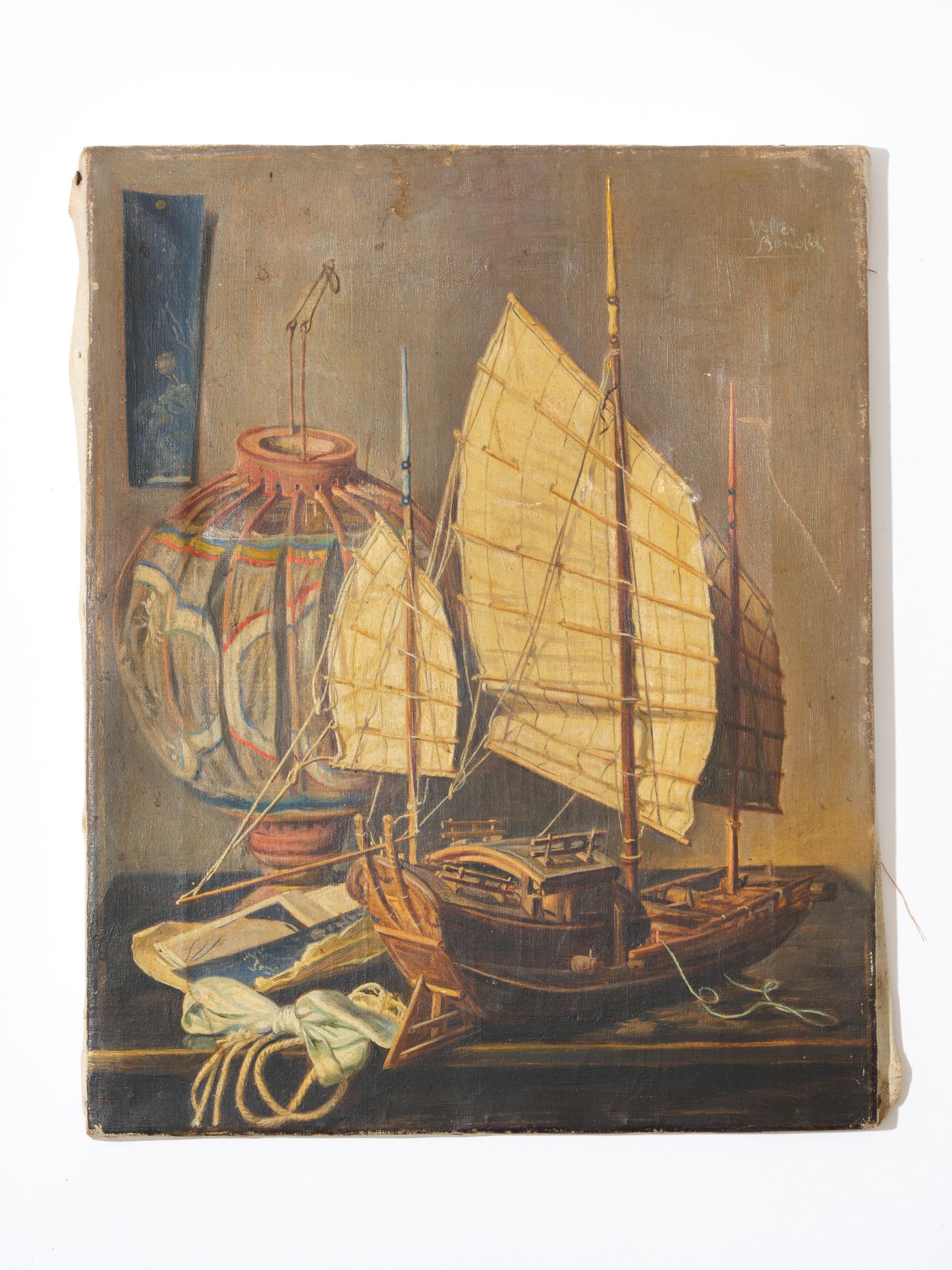 Italian Painting, Oil, Signed, Painting of a Junk & a Lantern, C 1920, Florence, Italy For Sale