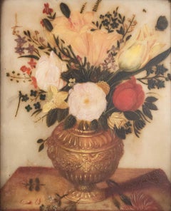 Painting on Alabaster, Flemish, 17th Century, Representative a Bouquet of Flower