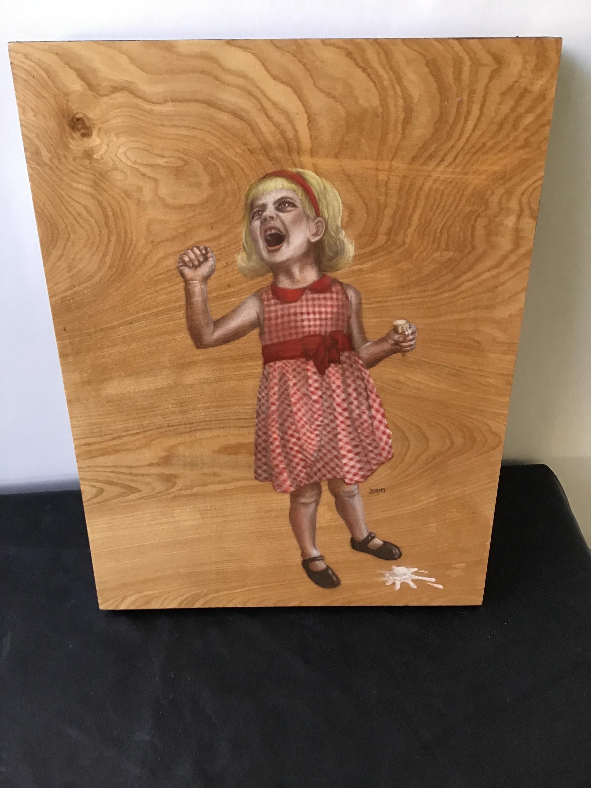Painting on Board of Girl Dropping Ice Cream In Good Condition For Sale In Tarrytown, NY