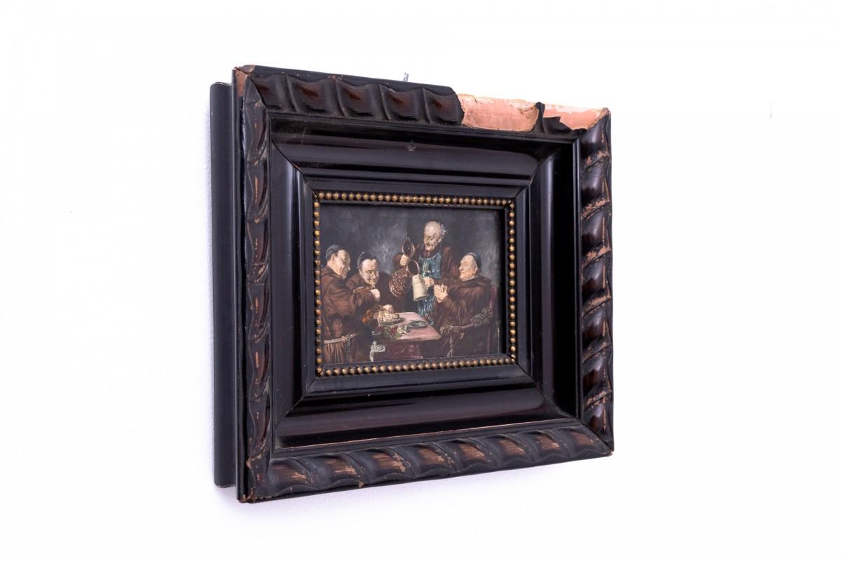 Dieses charmante Gemälde auf Karton mit dem Titel Das Abendmahl der Mönche ist ein Werk des bekannten deutschen Künstlers Eduard von Grützner, der für seine humorvollen und gekonnten Darstellungen des klösterlichen Lebens bekannt ist. Grützner ist