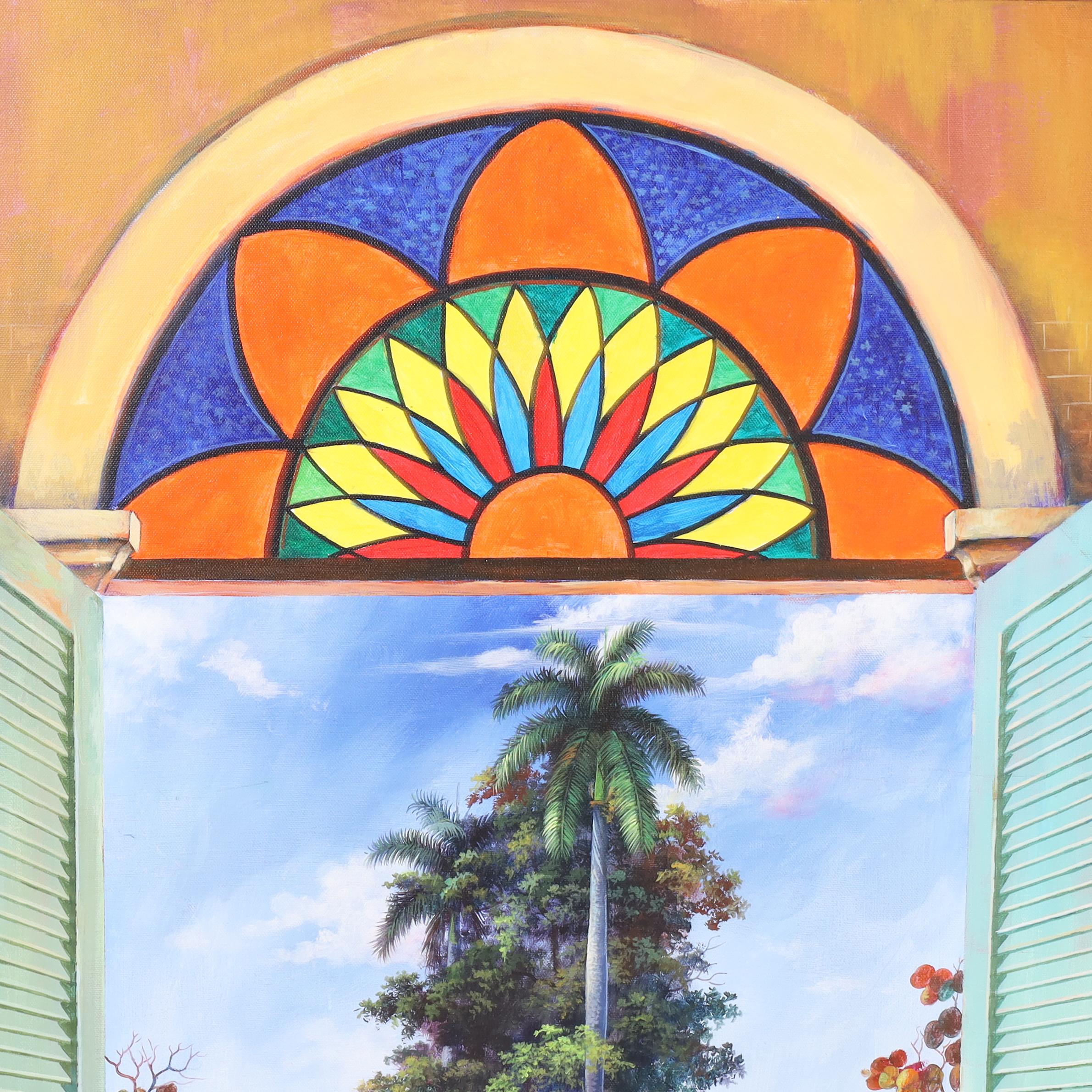 Faszinierendes Acrylgemälde auf Leinwand mit Blick auf das Meer durch offene Türen unter einem Glasfenster mit einem Schaukelstuhl, der mit einer kubanischen Flagge drapiert ist. Signiert von dem bekannten kubanischen Künstler Armando Mejia.