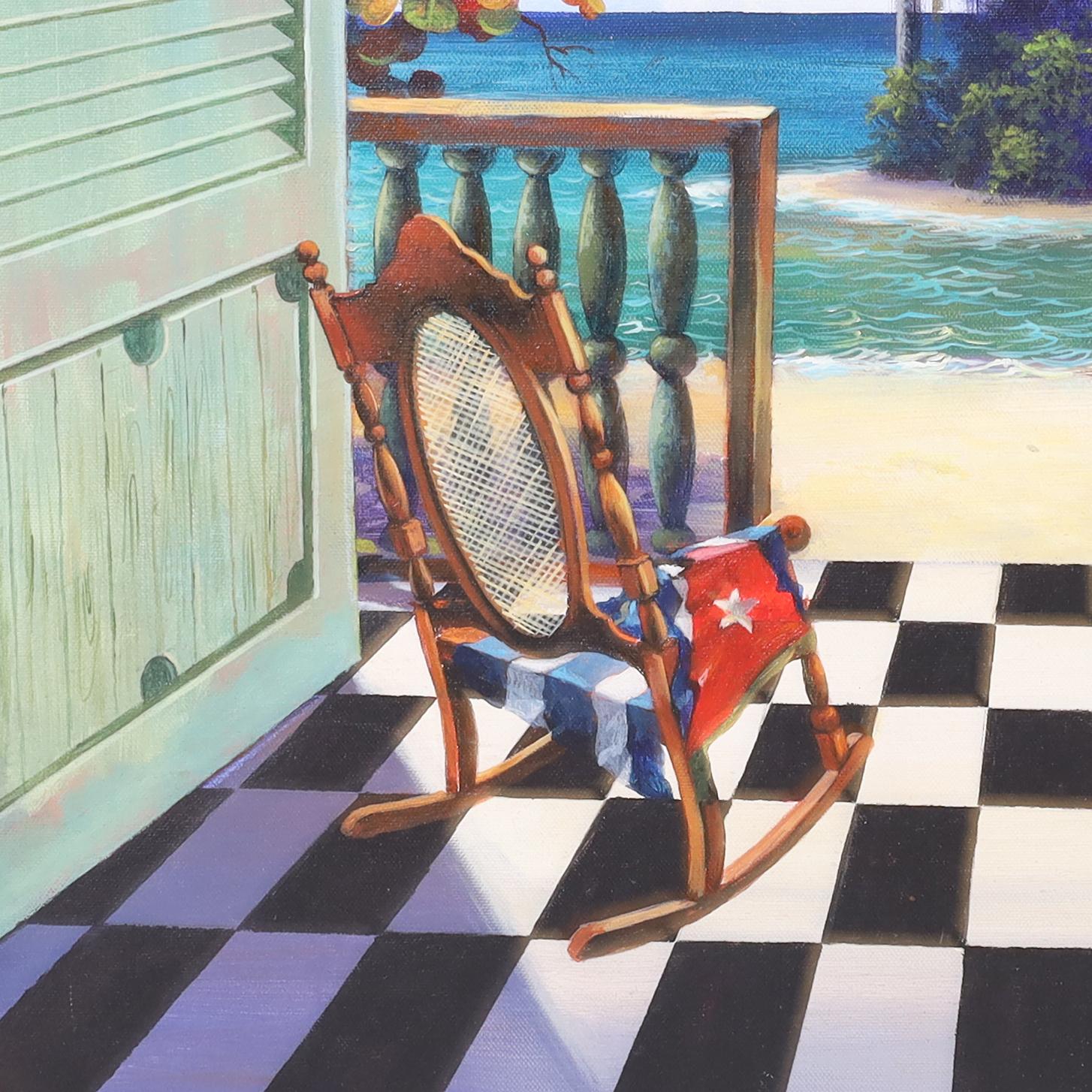 Gemälde auf Leinwand, Ansicht eines Strandhauses von Armando Mejia (amerikanisch) im Angebot