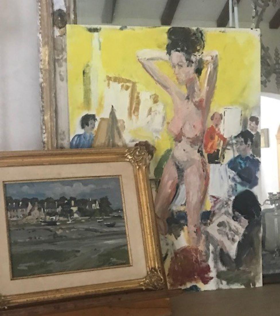 20th Century Painting on Canvas- Nude Model in Art Class