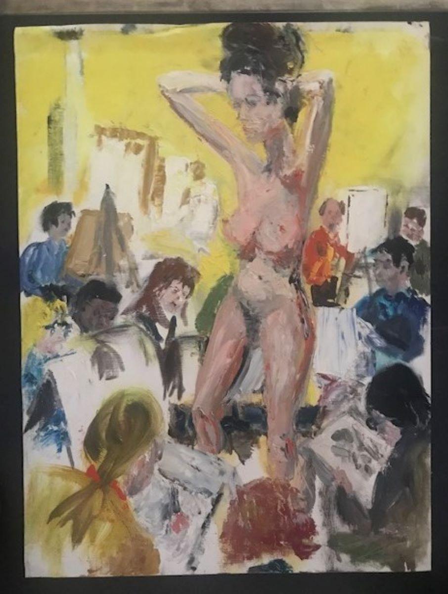 Oil painting on canvas of art class drawing nude female model. The painting is unsigned but I attribute it to Joan Corrigan, a Bay Area fine artist and teacher in the late 20th century. The painting is unframed.