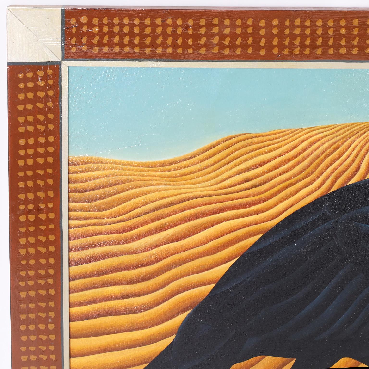 Peinture acrylique saisissante sur toile d'un corbeau avec une expression familière et perplexe dans un paysage coloré de baron. Présenté dans un cadre en bois décoré de peinture et signé au dos Taylor 1990.