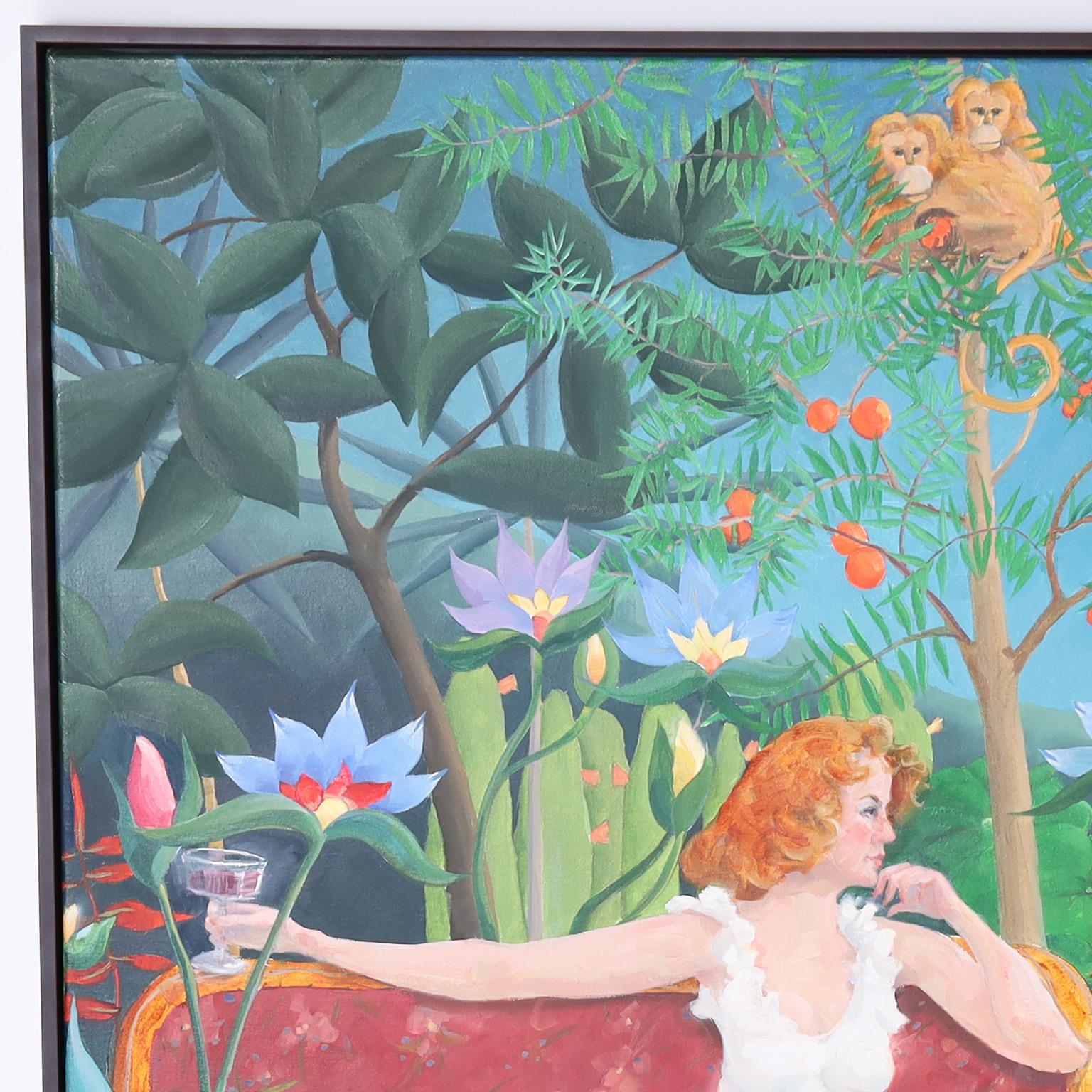 Peinture acrylique fantaisiste sur toile qui reprend le style naïf et coloré du peintre français Henri Rousseau en y ajoutant une femme qui se prélasse sur un canapé au milieu de la jungle. Signé M R Marlatt 1990.