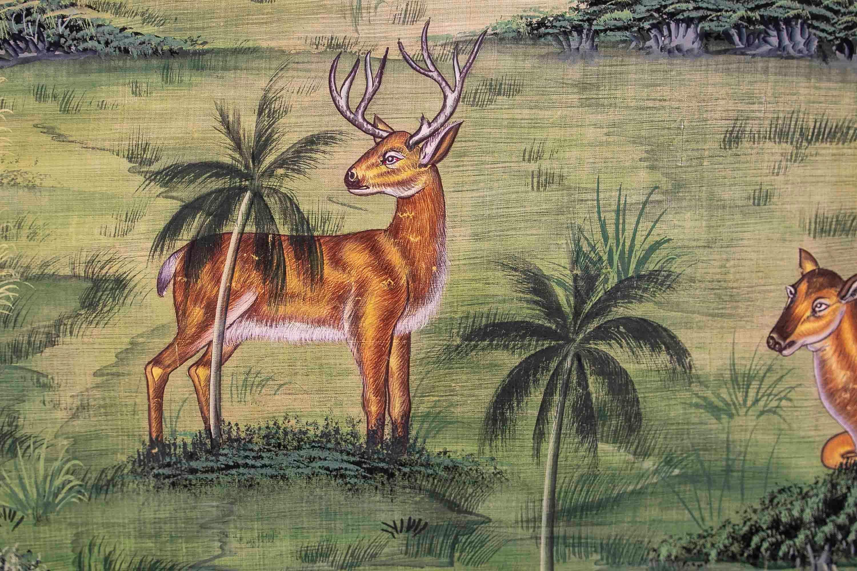 Painting on Canvas of a Landscape with Flowers and Animals Such as Deer In Good Condition For Sale In Marbella, ES