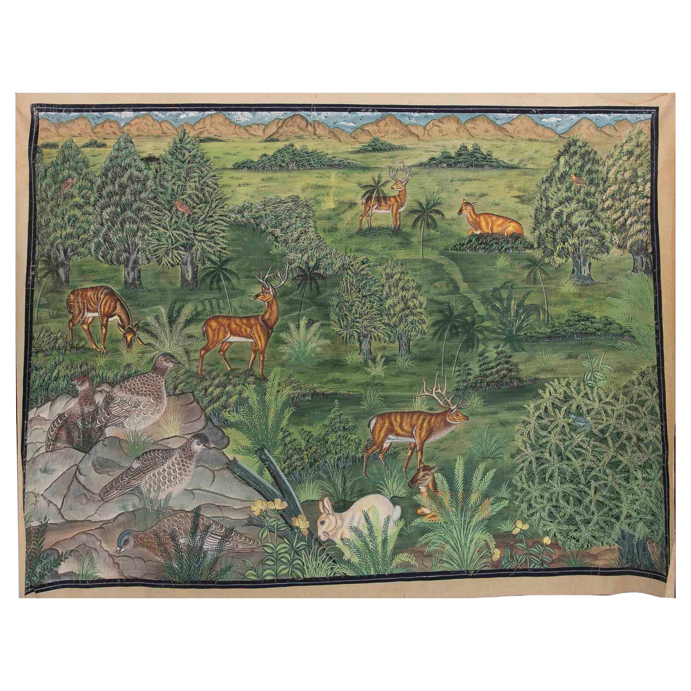 Gemälde auf Leinwand von einer Landschaft mit Blumen und Tieren wie Hirsch