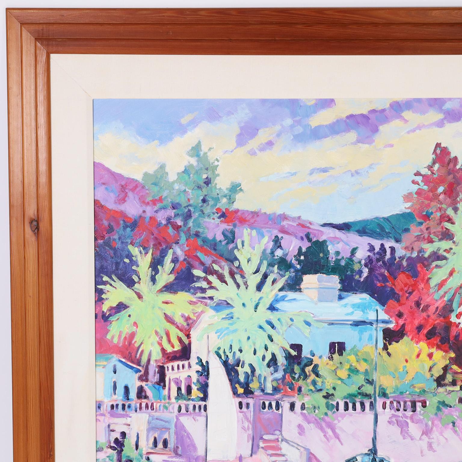 Peinture acrylique sur toile d'une scène tropicale avec des palmiers, des maisons et des bateaux exécutée avec des traits audacieux et des couleurs vives, signée Hawk et présentée dans un cadre en bois.