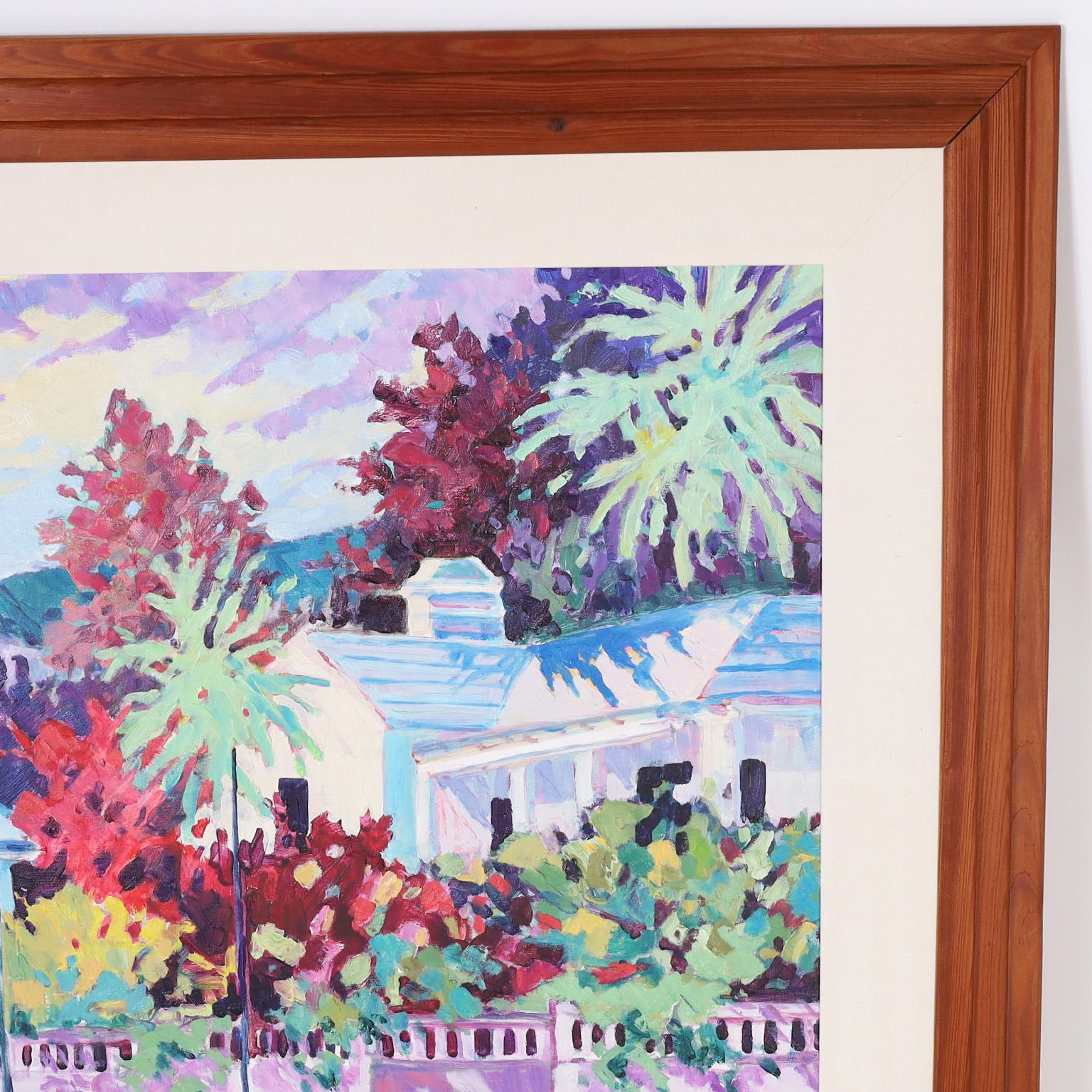 Mid-Century Modern Painting on Canvas of a Tropical Scene For Sale