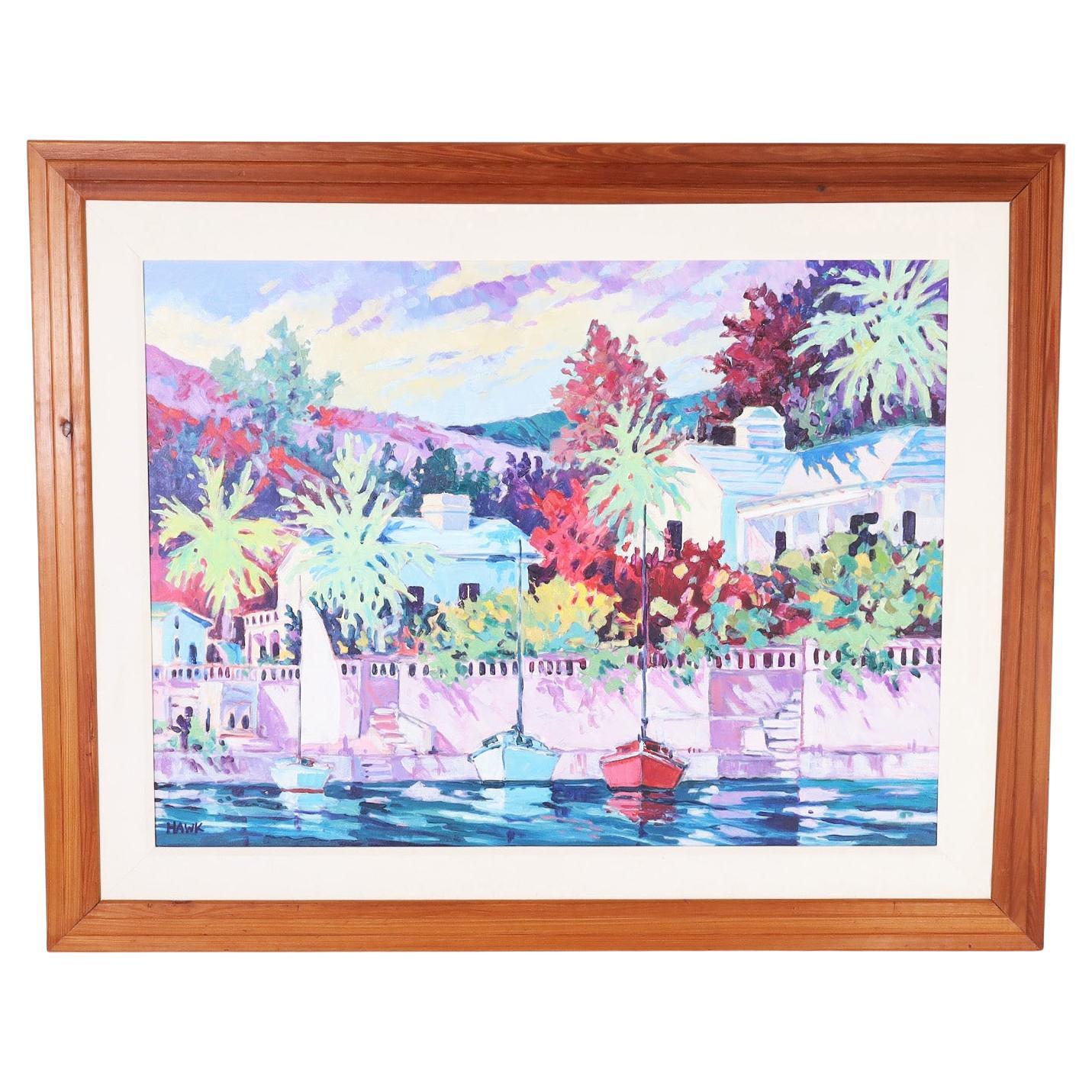 Peinture sur toile d'une scène tropicale en vente