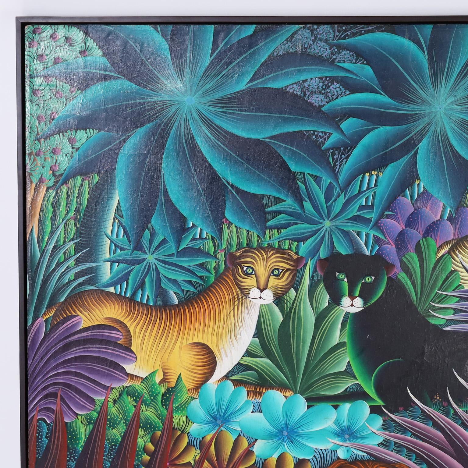 Peinture acrylique haïtienne sur toile représentant des grands félins stylisés dans un décor de jungle luxuriante avec des arbres fruitiers, des palmiers et une flore tropicale variée. Signé par le célèbre artiste M. Paul et présenté dans un cadre