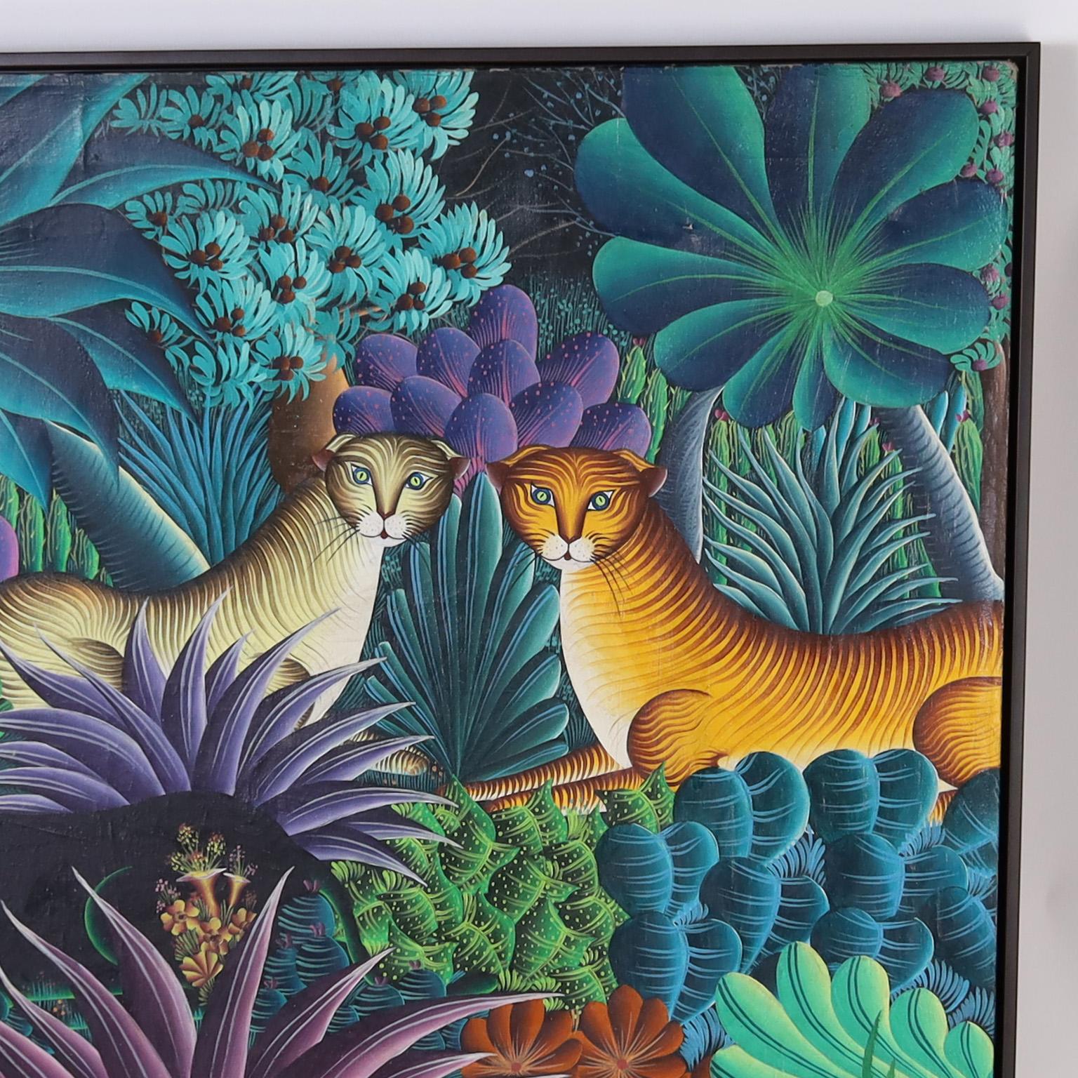 Mid-Century Modern Painting on Canvas of Cats in a Jungle For Sale
