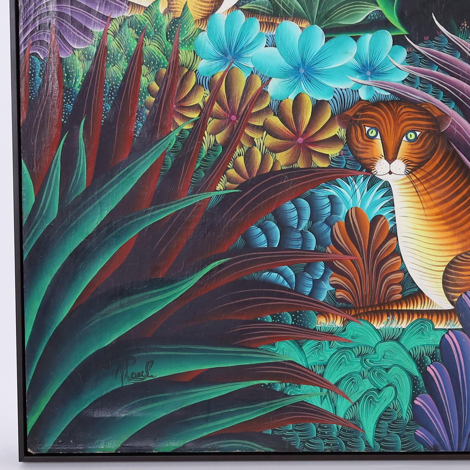 Haitian Painting on Canvas of Cats in a Jungle For Sale