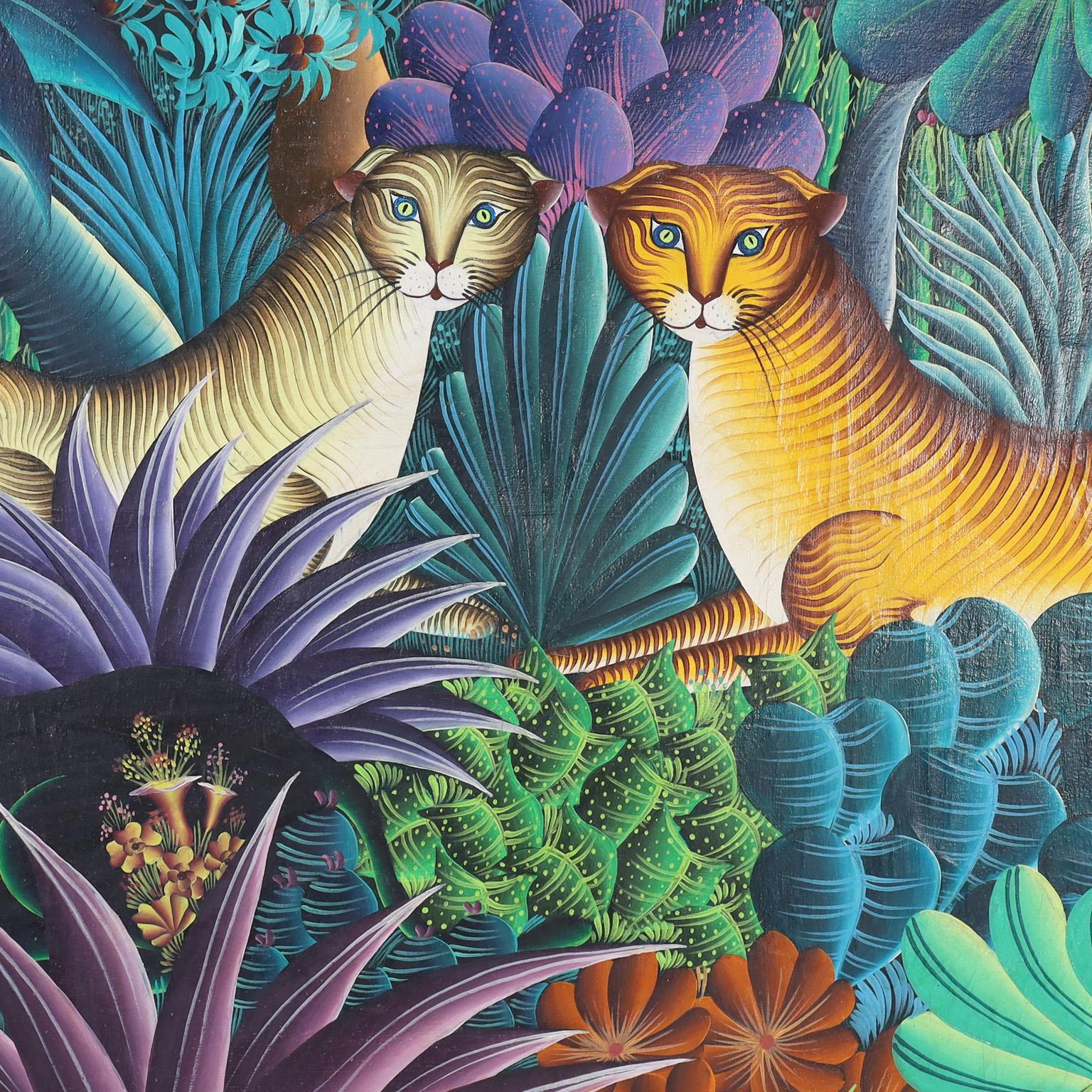 20ième siècle Peinture sur toile représentant des chats dans un Jungle en vente
