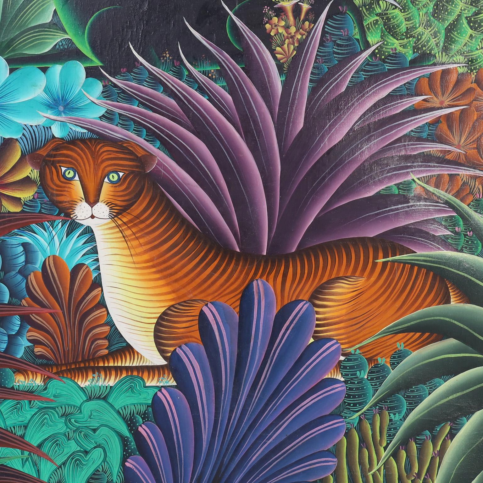 Peinture sur toile représentant des chats dans un Jungle en vente 1
