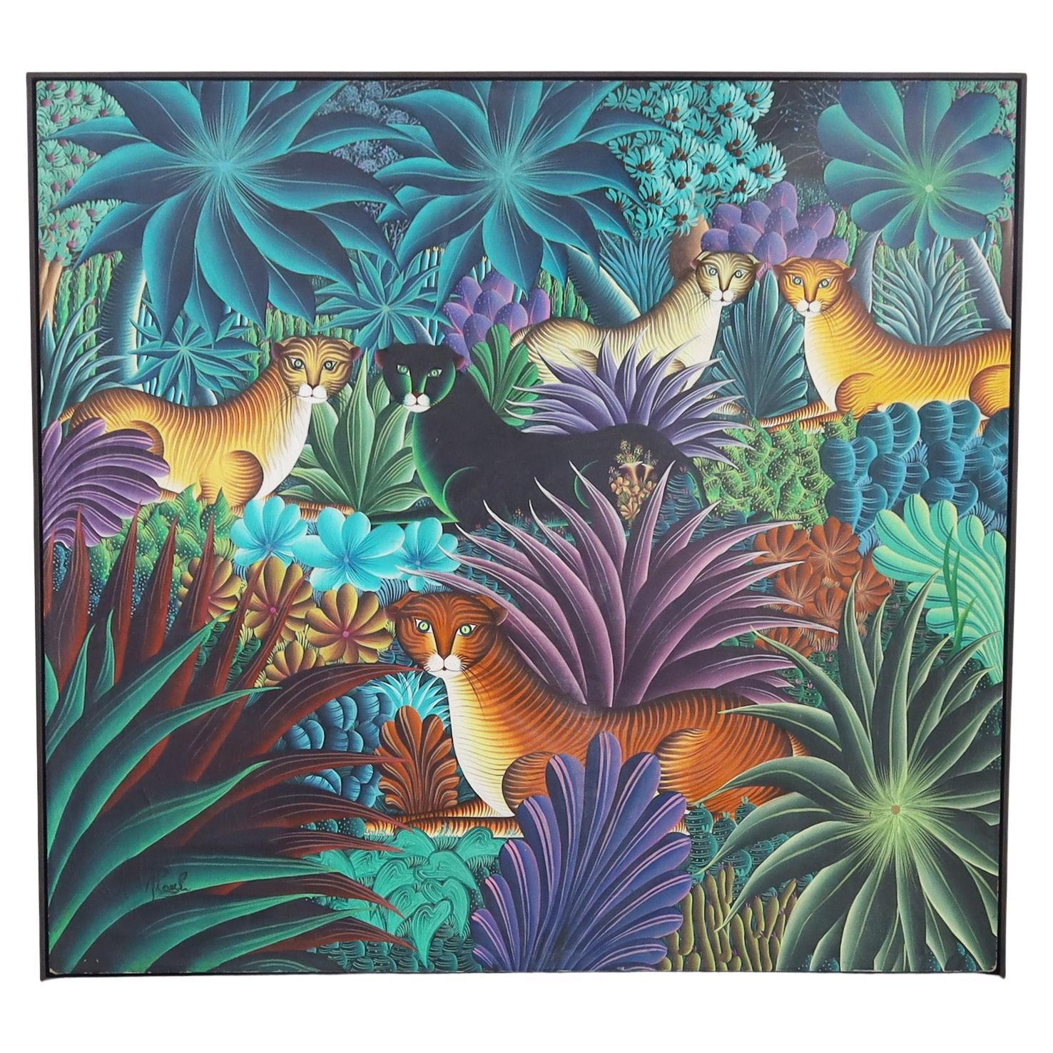 Peinture sur toile représentant des chats dans un Jungle en vente