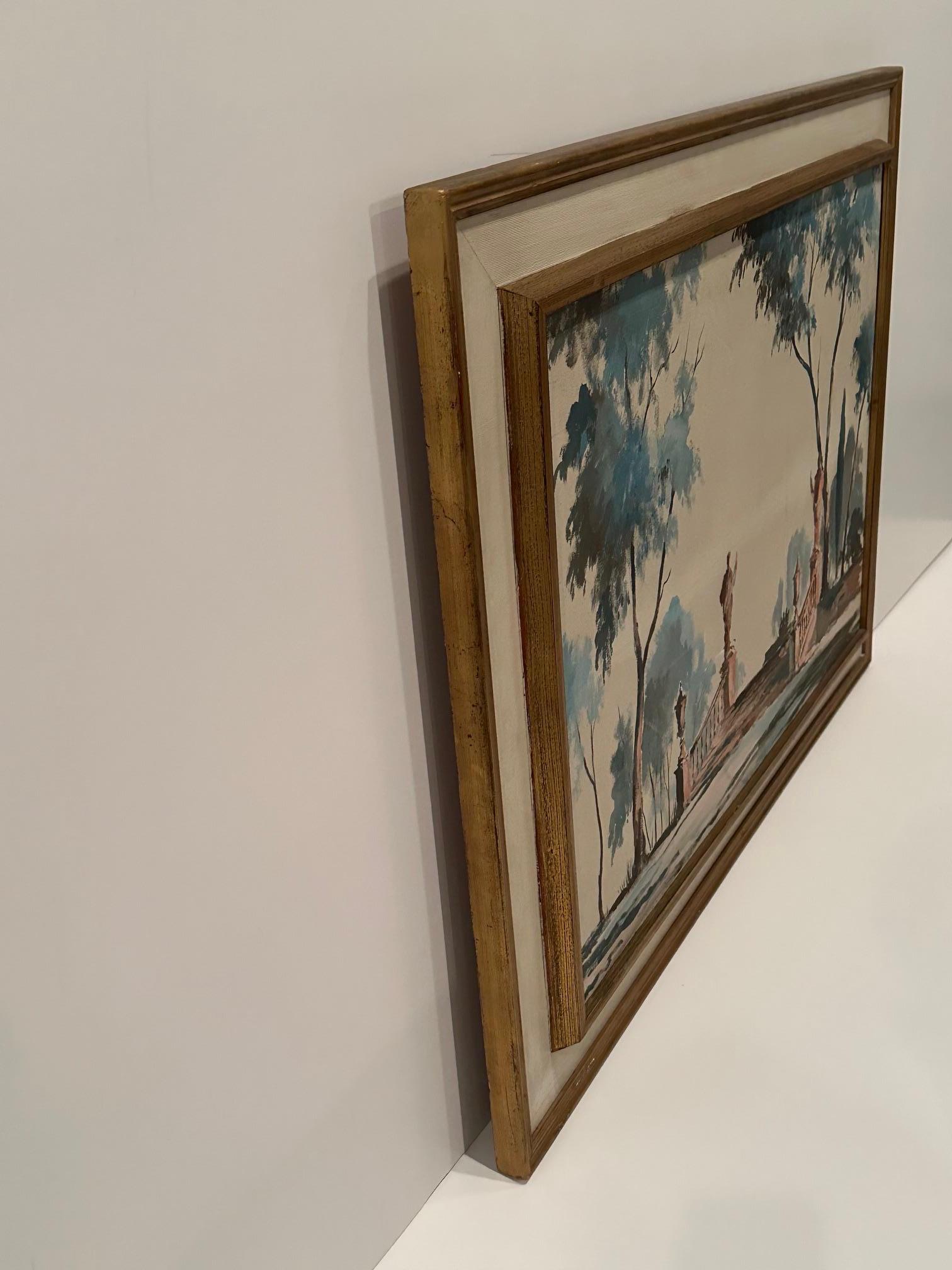 Raffiniertes Original auf Leinwand von John Hulse mit lyrischer Landschaft eines formalen Gartens mit begrenzter Pastellfarbpalette gegen einen stilisierten weißen Himmel.  Signiert und individuell gerahmt.
Leinwand 35 b x 24h 

