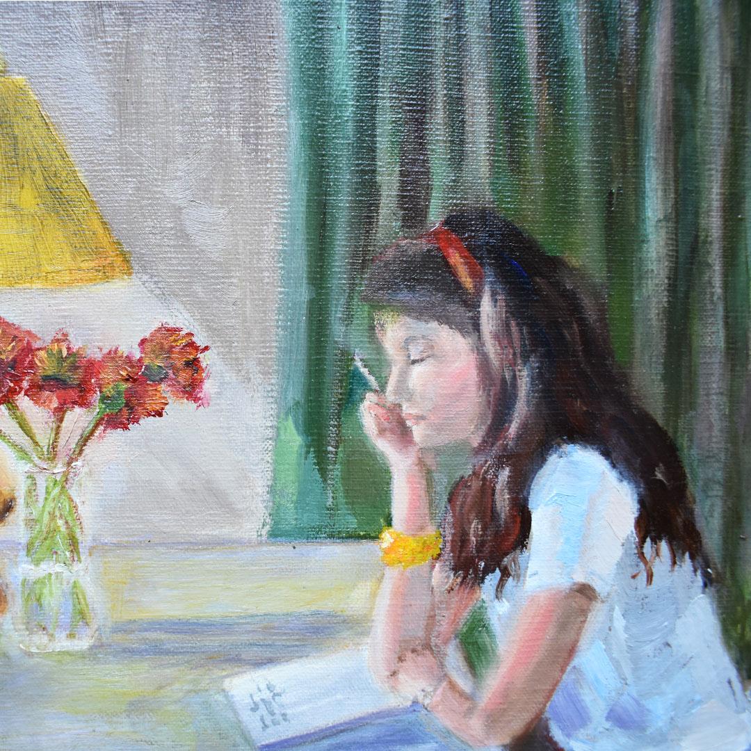 Painting of a girl and her dog. This fun piece of art depicts a girl with long dark hair sitting at a desk with her dog in the background looking on. In the foreground, the girl sits at a desk which shows a yellow lamp, a vase of red flowers and she