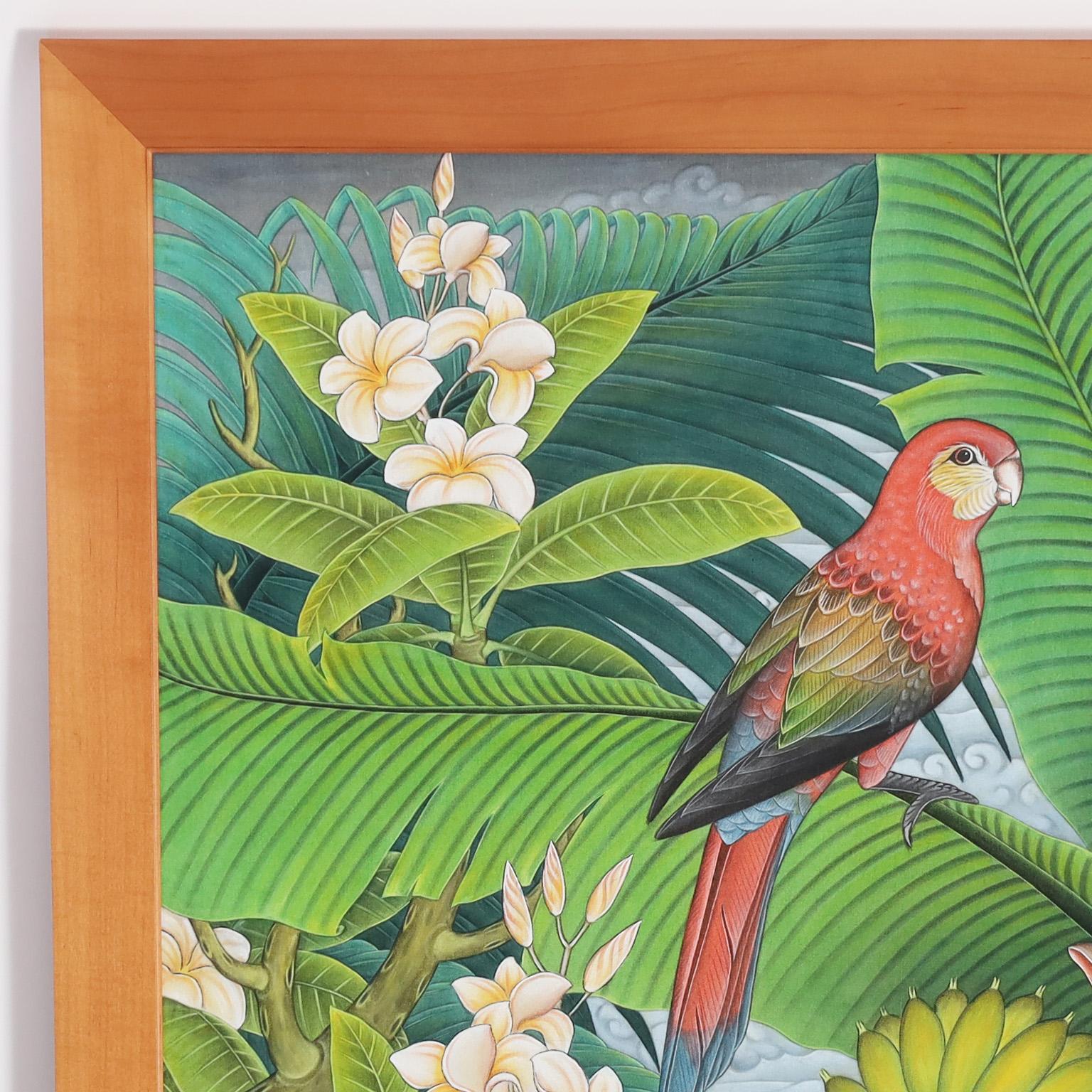 Acrylic painting on canvas of a lush tropical scene with exotic foliage, flowers, and a pair of parrots. Painted in Lanang Ubed Bali.
