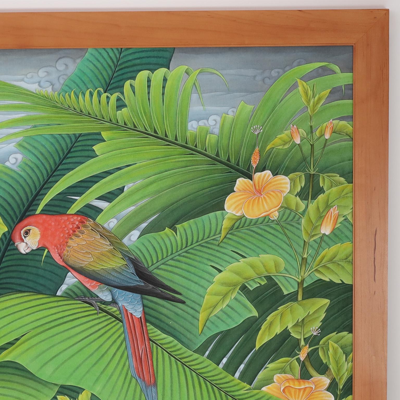 Mid-Century Modern Painting on Canvas with Parrots and Flowers