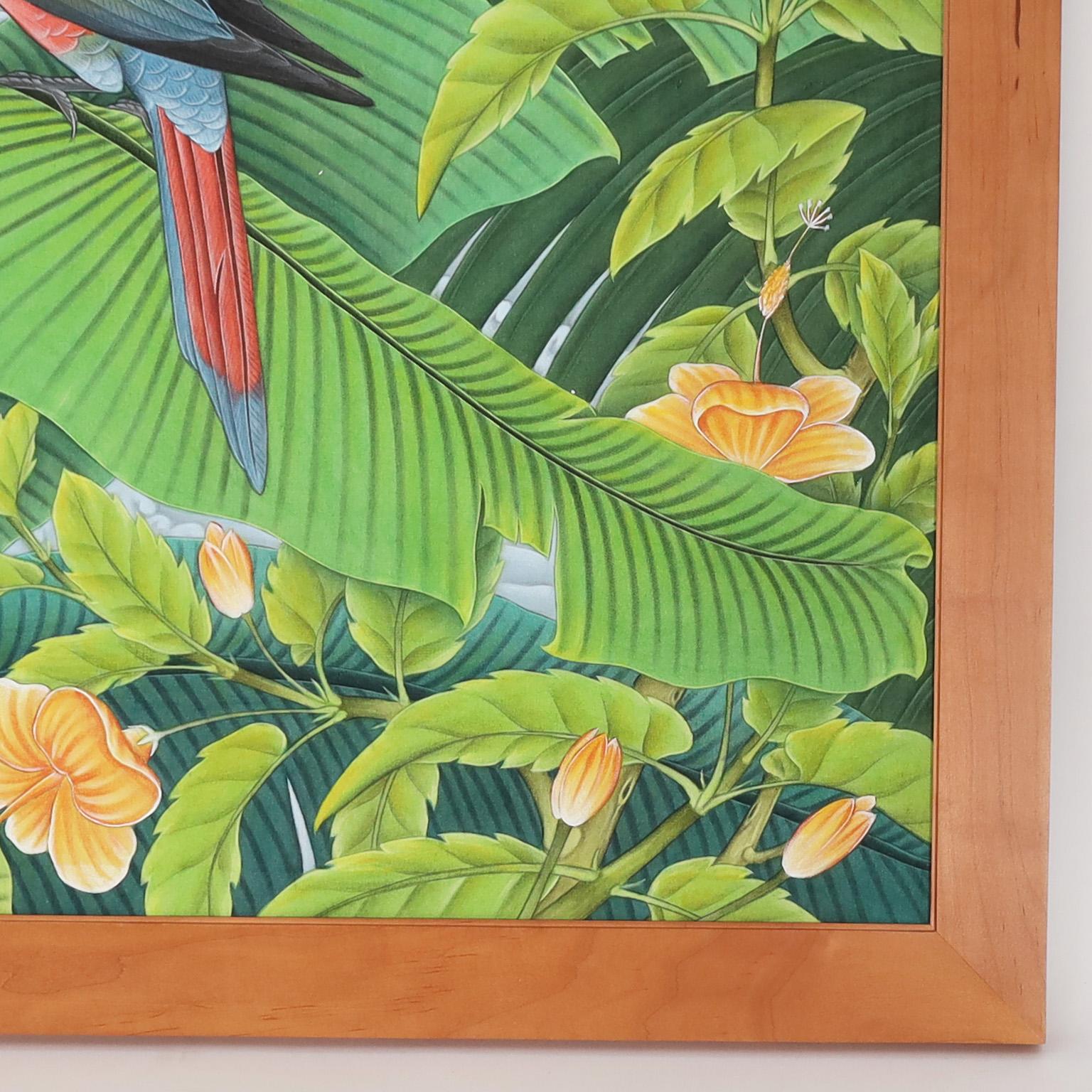Balinese Painting on Canvas with Parrots and Flowers