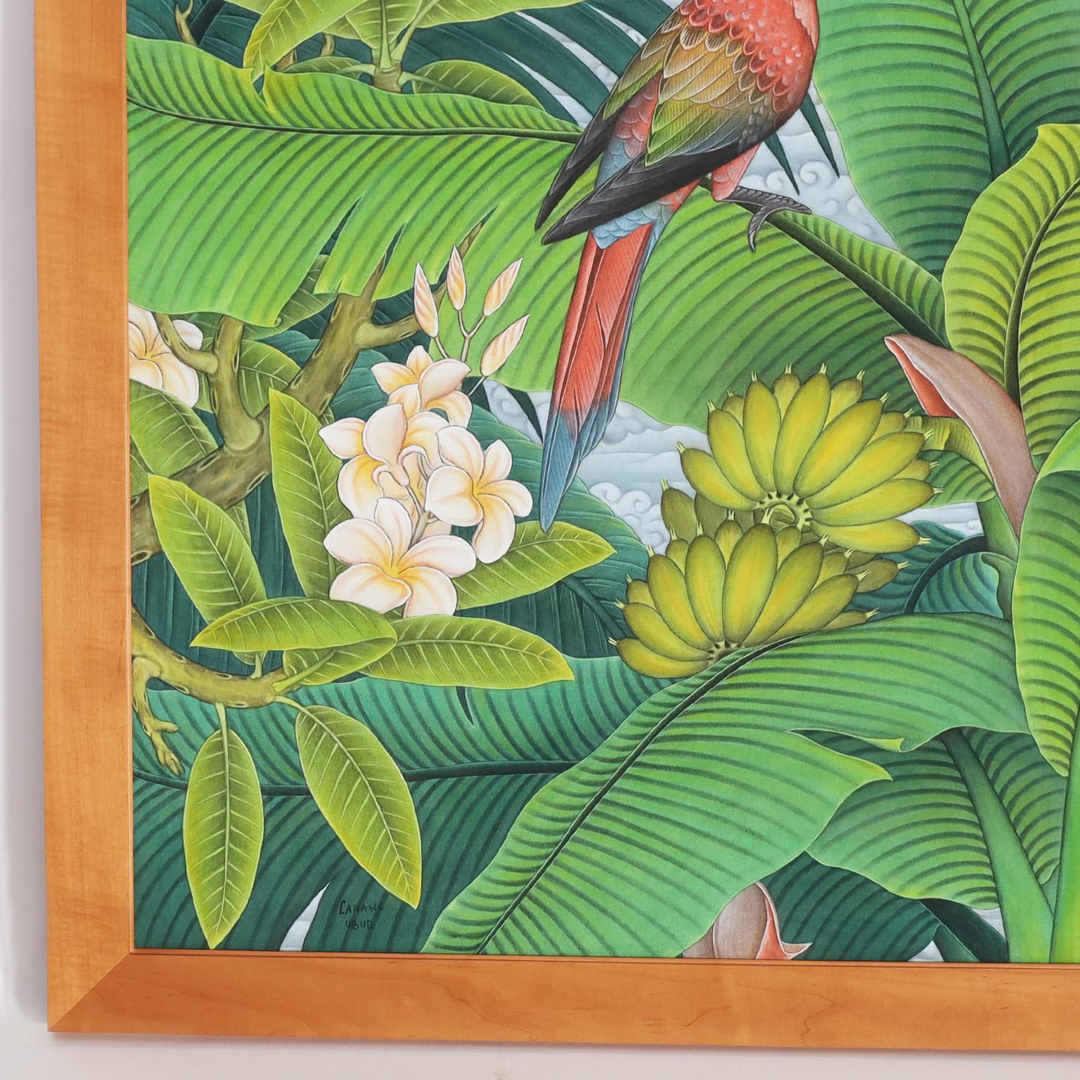 Hand-Painted Painting on Canvas with Parrots and Flowers