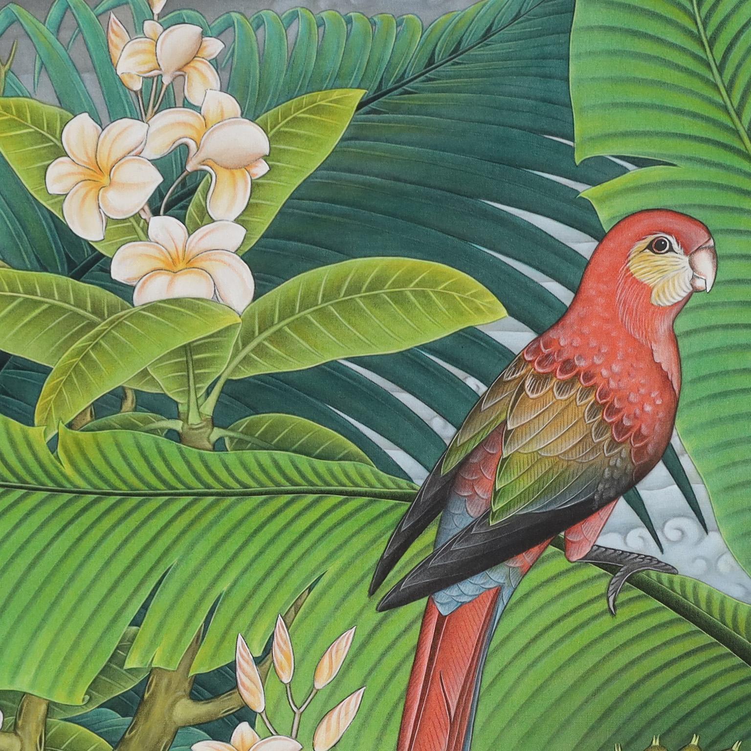 Painting on Canvas with Parrots and Flowers In Good Condition In Palm Beach, FL
