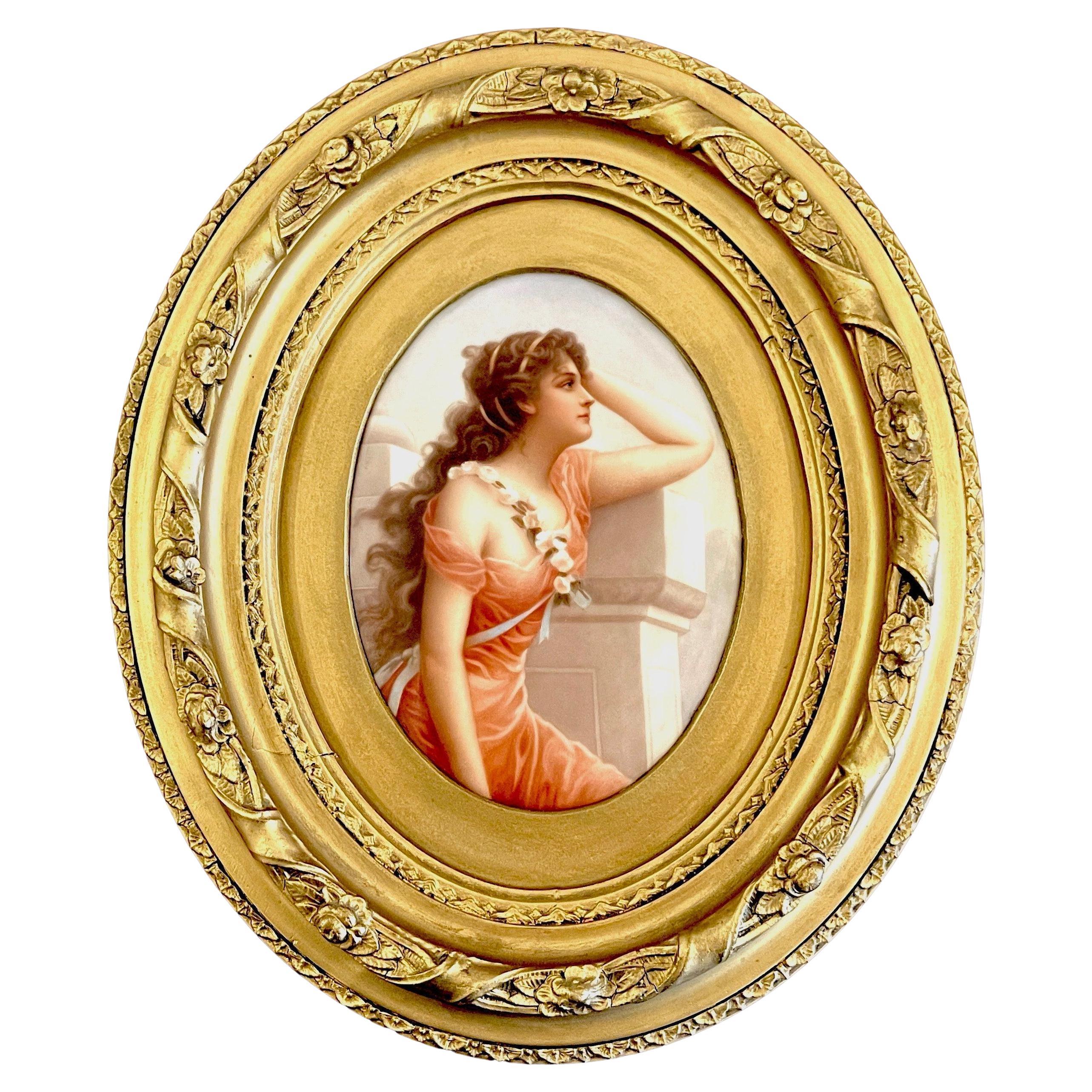 Dipinto su porcellana "Giovane bellezza con corona di rose  Firmato Wagner in vendita