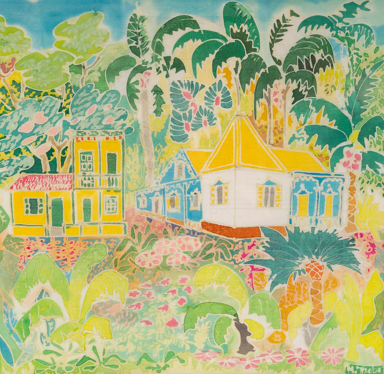 Painting on silk with the title of Tropical Sun, nicely framed, 20th century.

Painting on silk from the 20th century, framed under glass, with the title of Tropical Sun, nicely framed.
Silk: h: 43cm, w: 44cm
Frame: H: 64cm, W: 64cm, D: 2cm