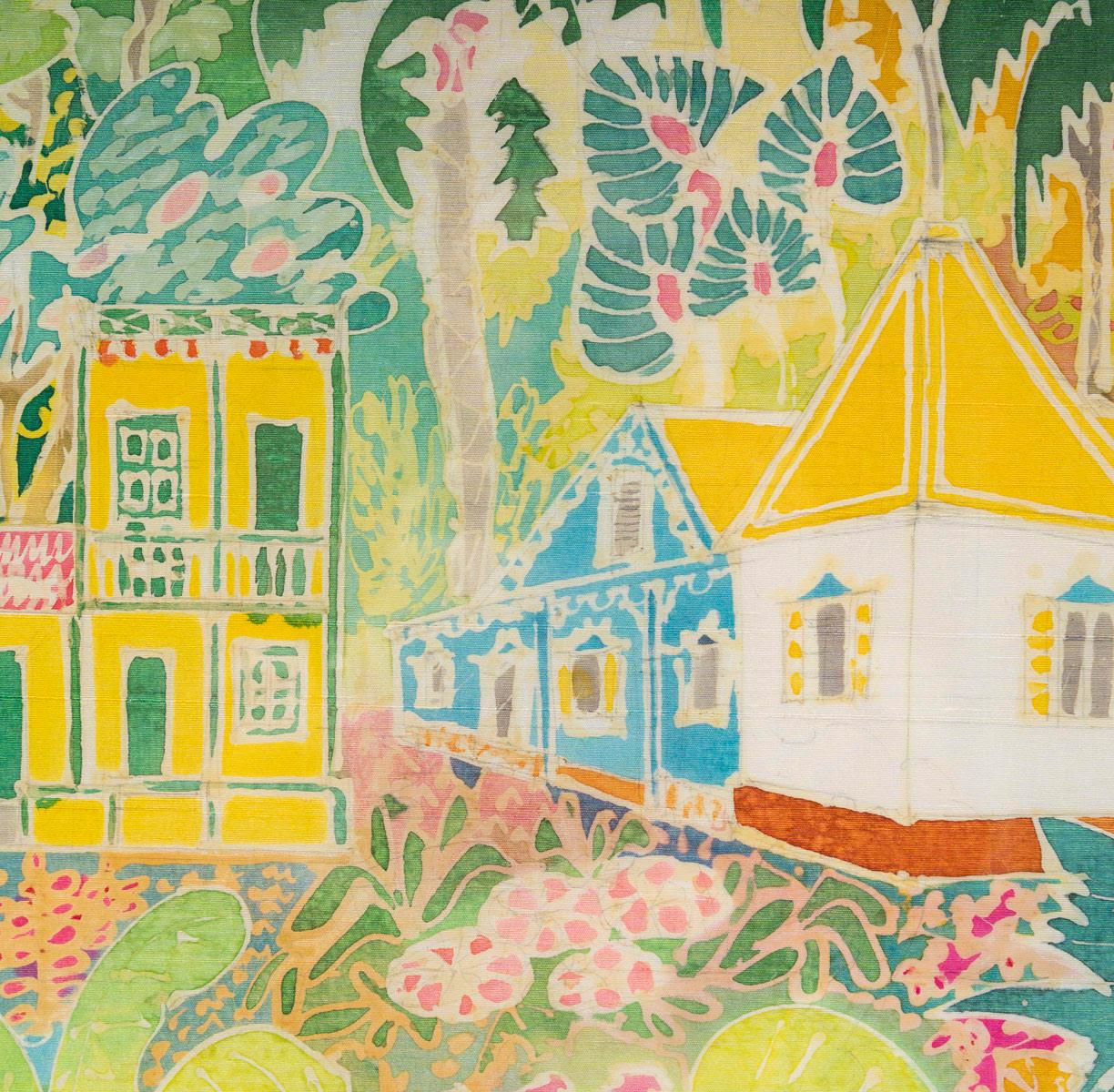 Mid-Century Modern Painting on Silk with the Title of Tropical Sun, Nicely Framed, 20th Century. For Sale