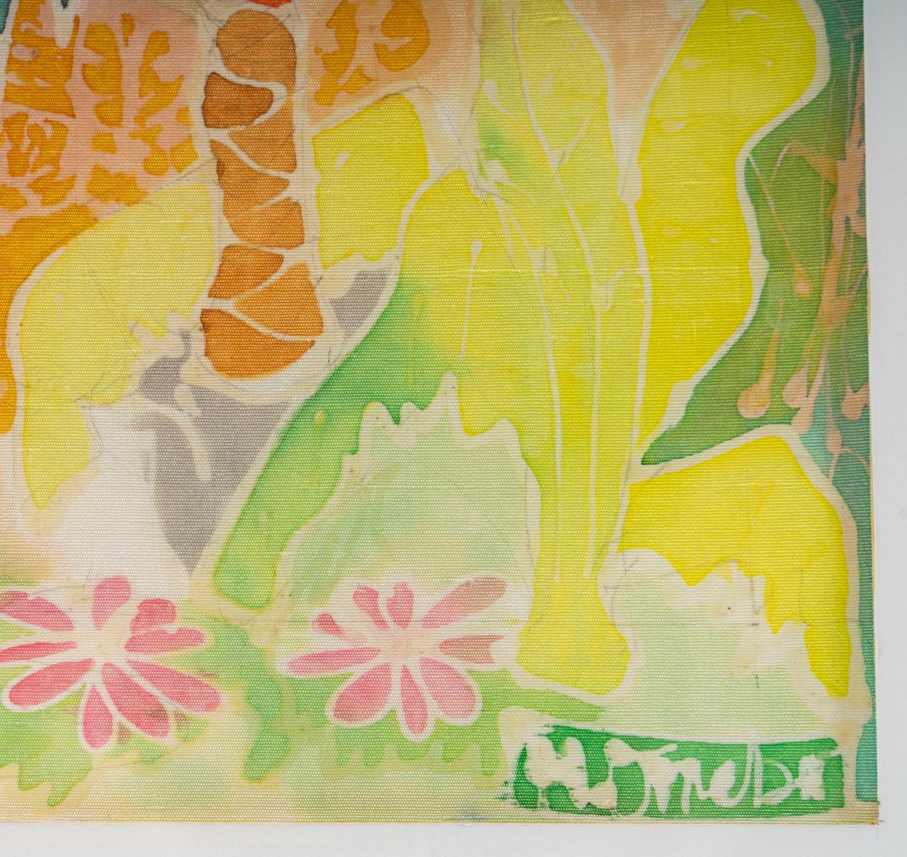 European Painting on Silk with the Title of Tropical Sun, Nicely Framed, 20th Century. For Sale
