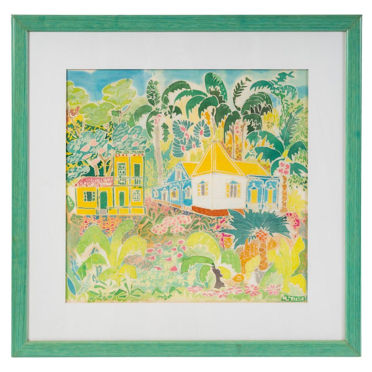 Painting on Silk with the Title of Tropical Sun, Nicely Framed, 20th Century. For Sale