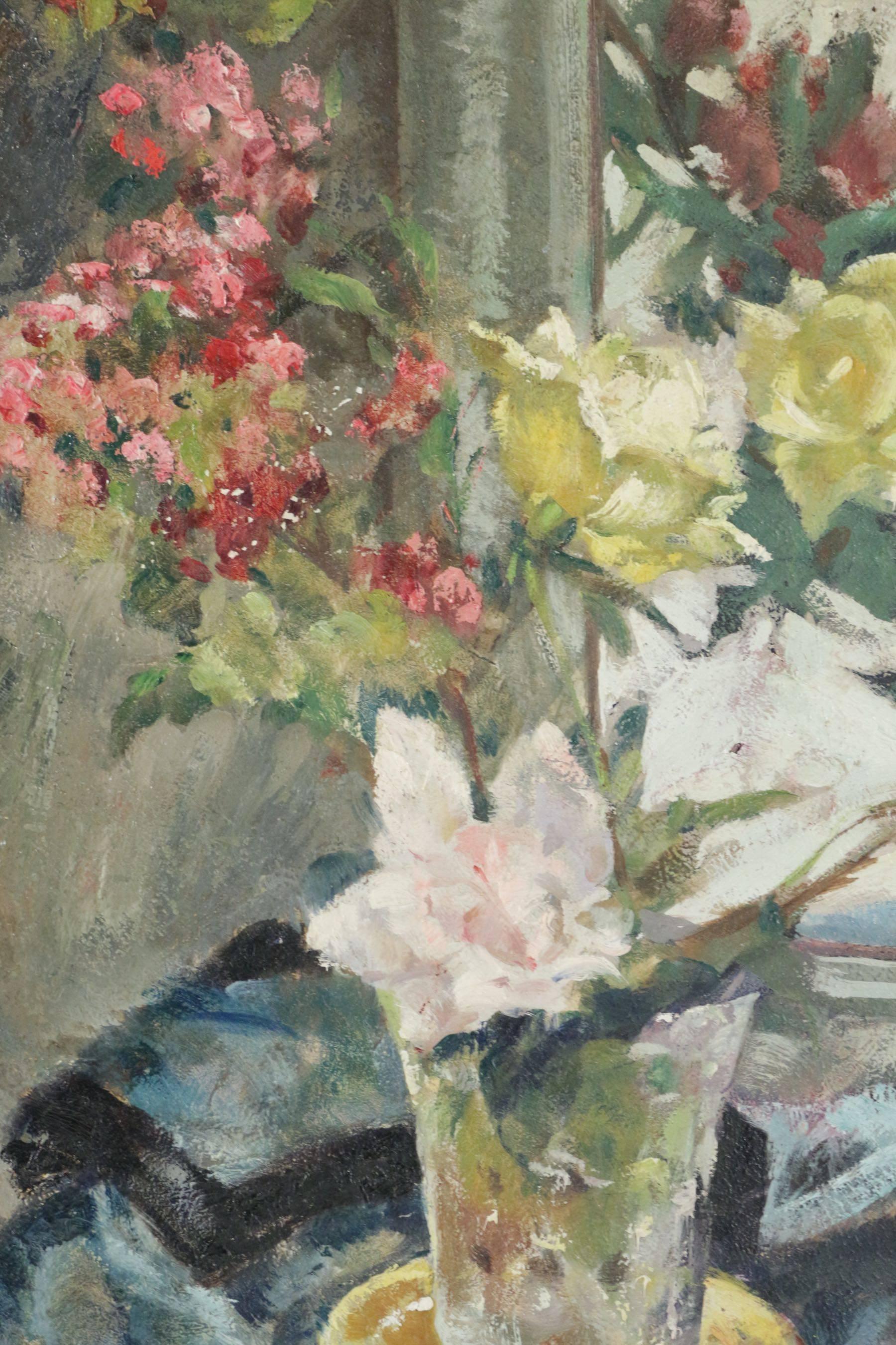 Painting on Wood 20th Century of a Bouquet of Flowers in Front of a Mirror For Sale 1