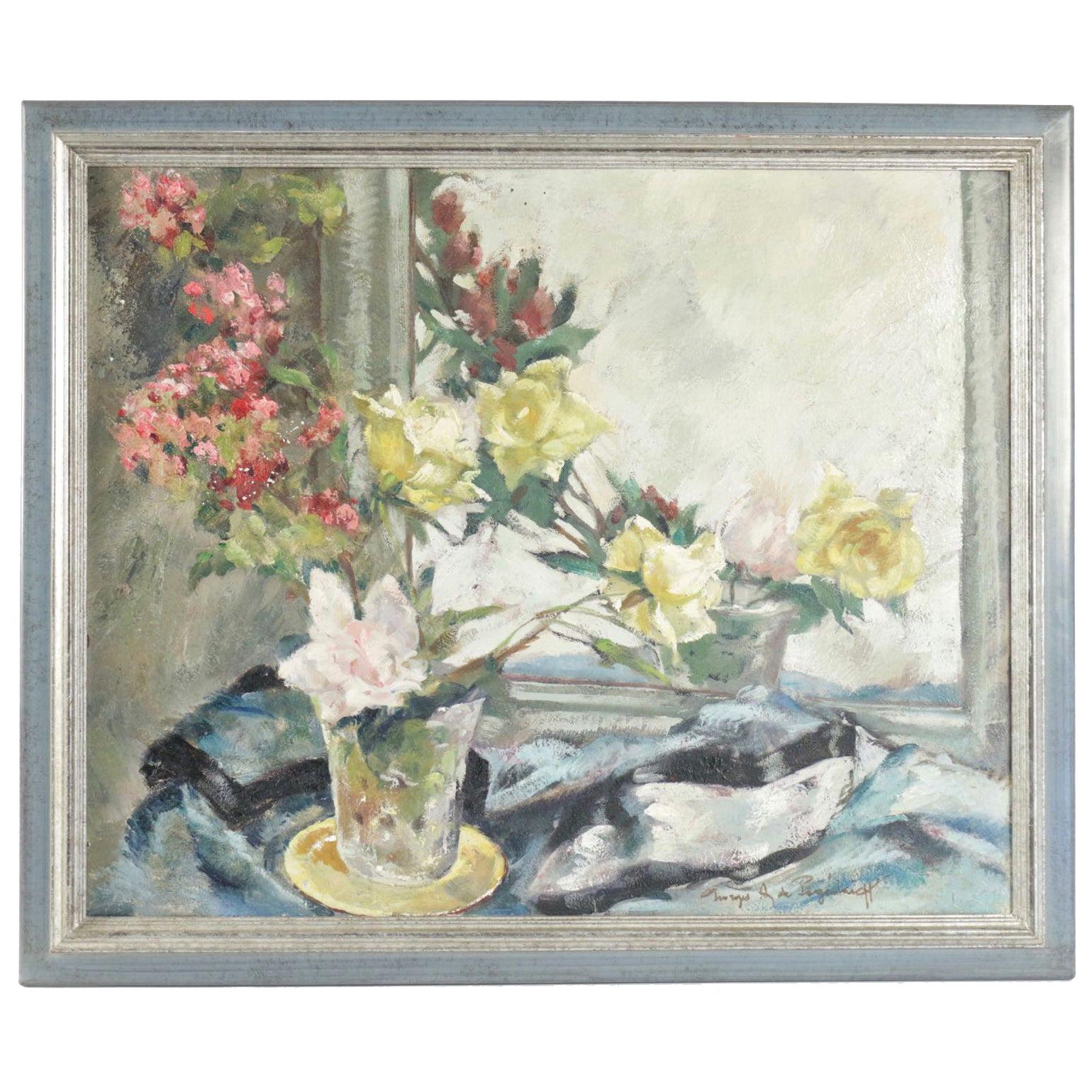 Painting on Wood 20th Century of a Bouquet of Flowers in Front of a Mirror For Sale