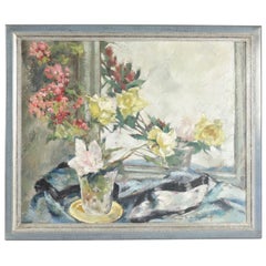 Painting on Wood 20th Century of a Bouquet of Flowers in Front of a Mirror