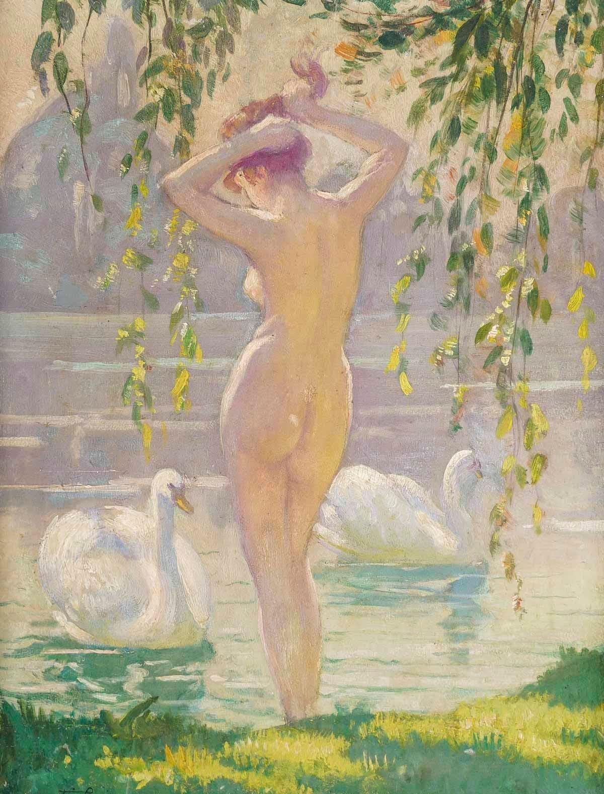 Painting on wood panel, Art Deco period, by Emile Quentin-Brin, 1869-1950.

Oil on panel, oil painting by Emile Quentin-Brin depicting a nude woman on the banks of the lake, Art Deco, 1930.
Drawing: h: 23.5cm, w: 18cm
Frame: h: 31cm, w: 25.5cm, d:
