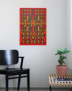 Painting Orange Yellow Contemporary Geometric Futuristic Acrylic Spray on Wood