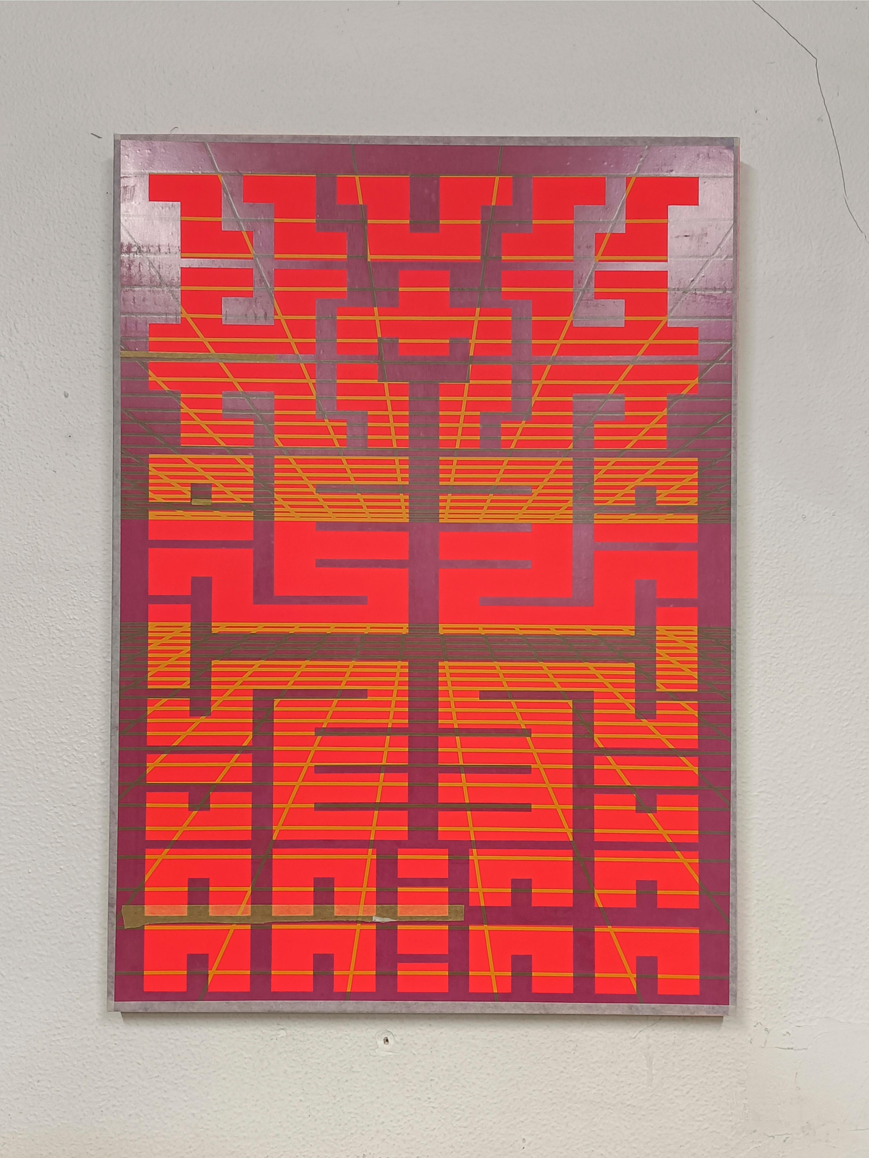 Painting Orange Yellow Contemporary Geometric Futuristic Acrylic Spray on Wood In New Condition For Sale In Seville, ES
