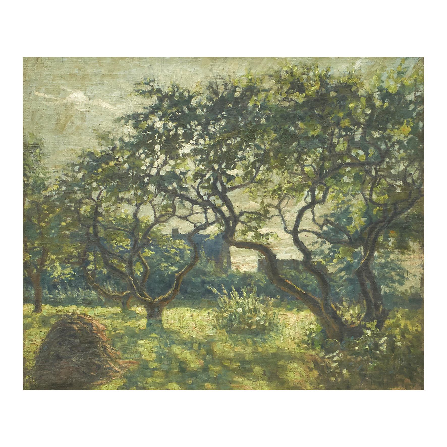 Impressionism. Unknown French painter (illegible signature).
Approx. year 1900.
Motif: An orchard with blossoming trees.
Oil on canvas. Wood-carved Montparnasse frame.