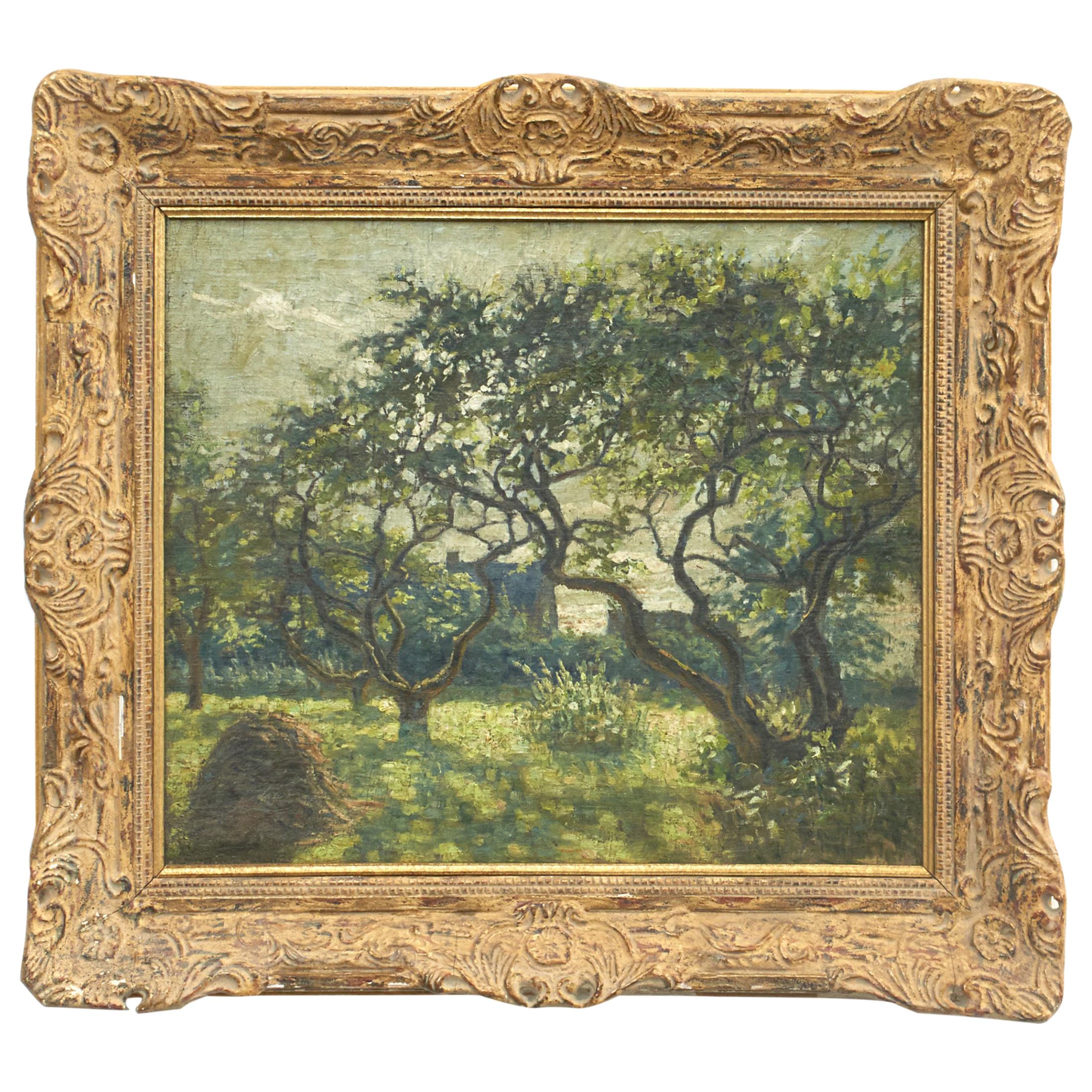 Painting Orchard with Blossoming Trees, Unknown French Painter