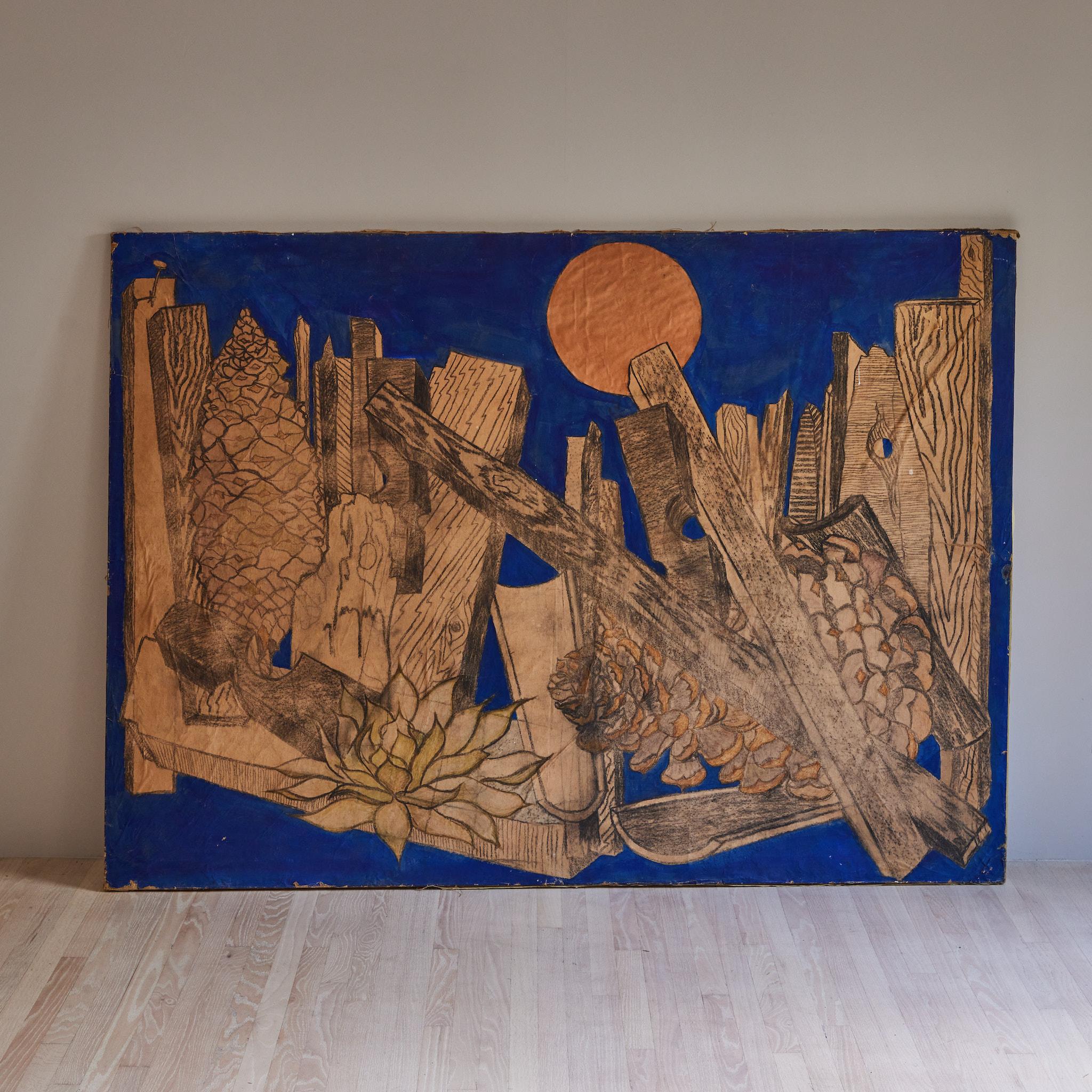 Mid-century French mixed-media still-life. Bold and graphic, the piece shows a collection of various types of wood under the glow of a flat orange moon. Surrounded by an opaque, deep blue sky, the foregrounded items look as if they could spill right