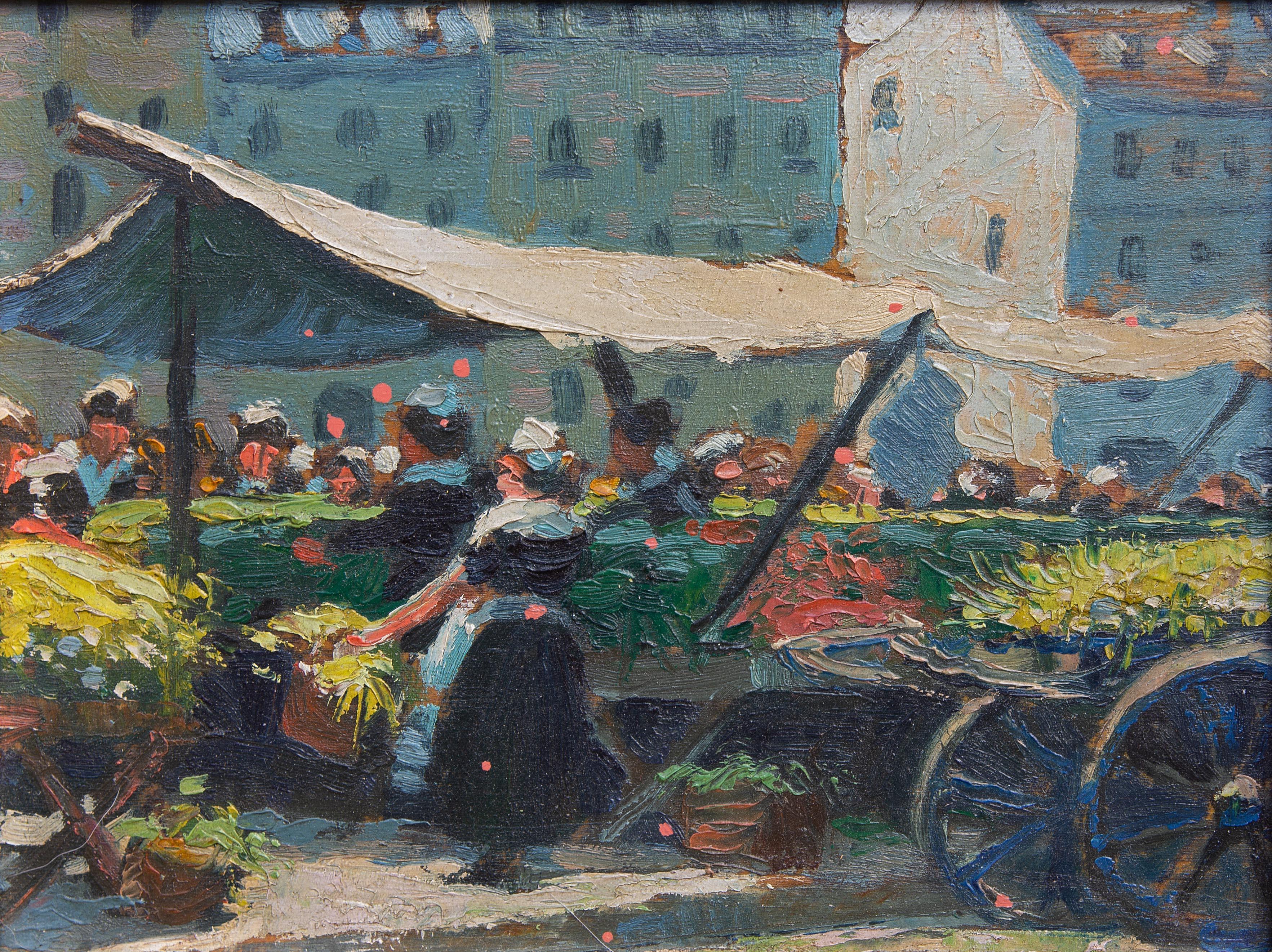 Pariser Marktszene von Alling Clements (Amerikaner 1891-1957). Öl auf Holzplatte. Rückseitig eingeschrieben 
