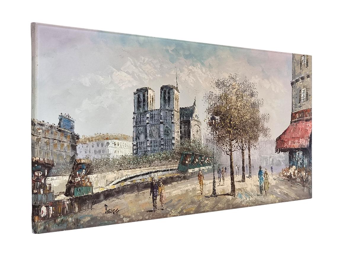 Raro gran óleo sobre lienzo pintado por Louis Anthony Burnett en los años 80, que representa una escena parisina en el barrio de Notre-Dame, con los muelles del Sena, libreros y animados cafés y calles. En el espíritu de la Escuela de Montmartre,