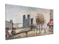 Painting "Paris, Notre-dame, Quay of the Seine, Street.." by Burnett, circa 1980