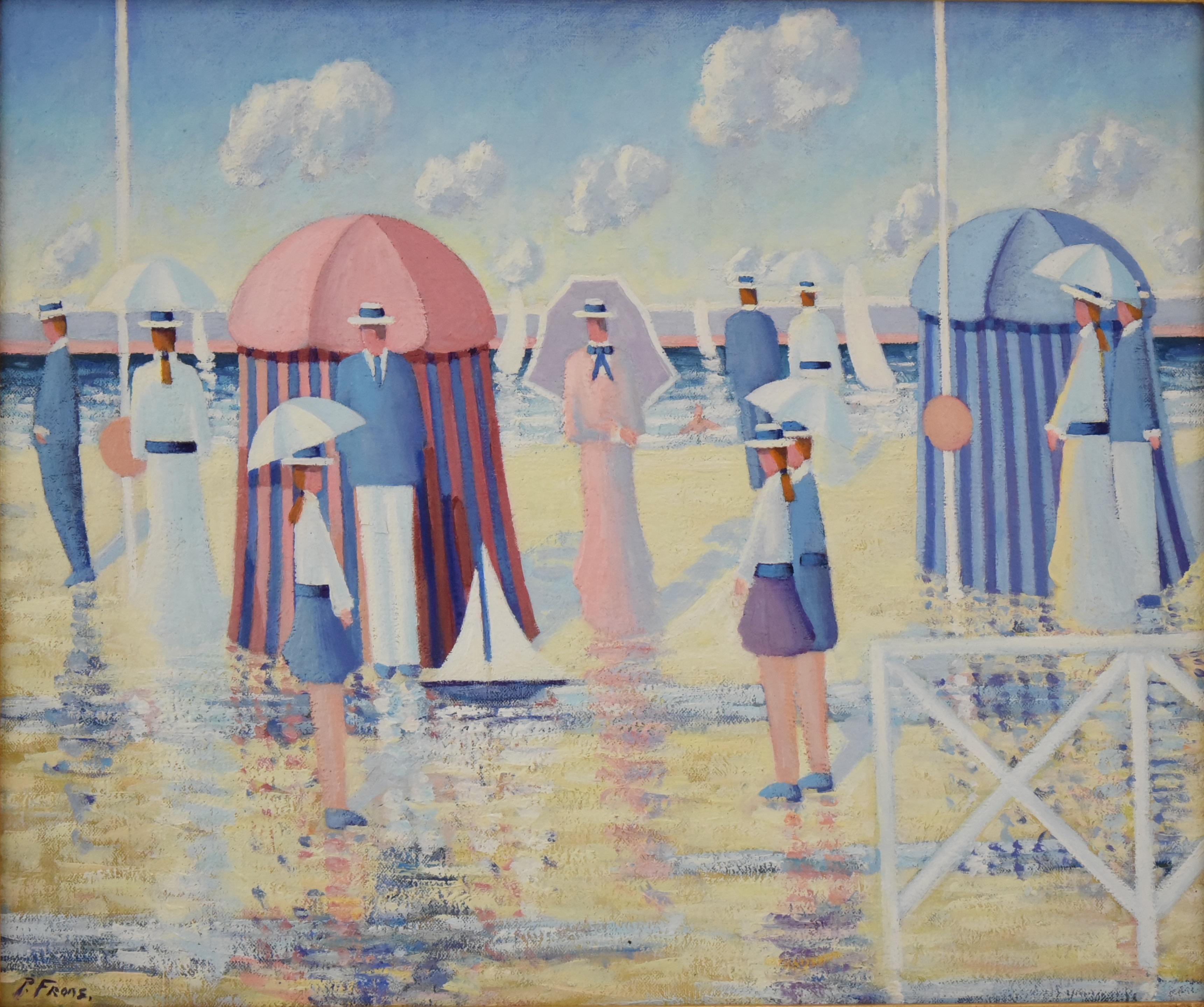Painting people on the beach with cabins. 
By the Belgian painter Paul Frans (1958)
The work has beautiful pastel colors.
Titled: Les Cabannes. 
Size of the frame: 
H. 69 cm x L. 78.5 cm. x D. 3 cm. 
H. 27.2 inch x L. 30.9 inch. x W. 1.2 inch.
